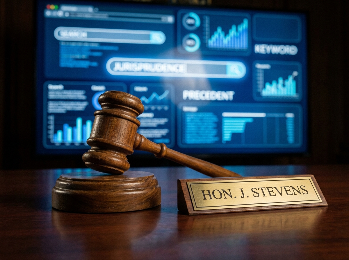 법적 규제와 기술 기업의 관계를 상징하는 법정 가벨과 로고