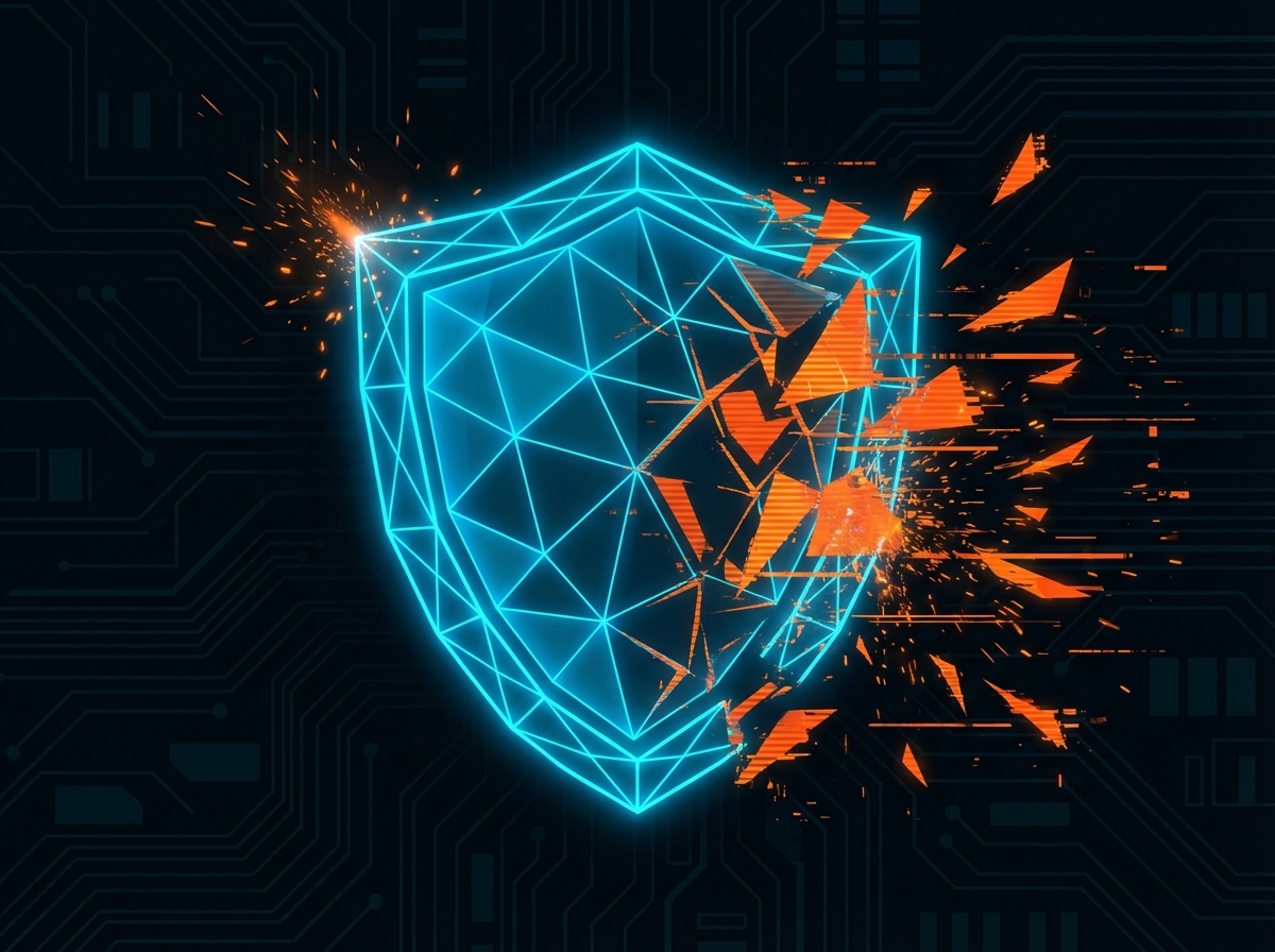 A conceptual image of a digital shield being hit by glitchy data fragments. The color palette is neon blue and warning orange. Modern flat design style with high contrast. No text. 4:3