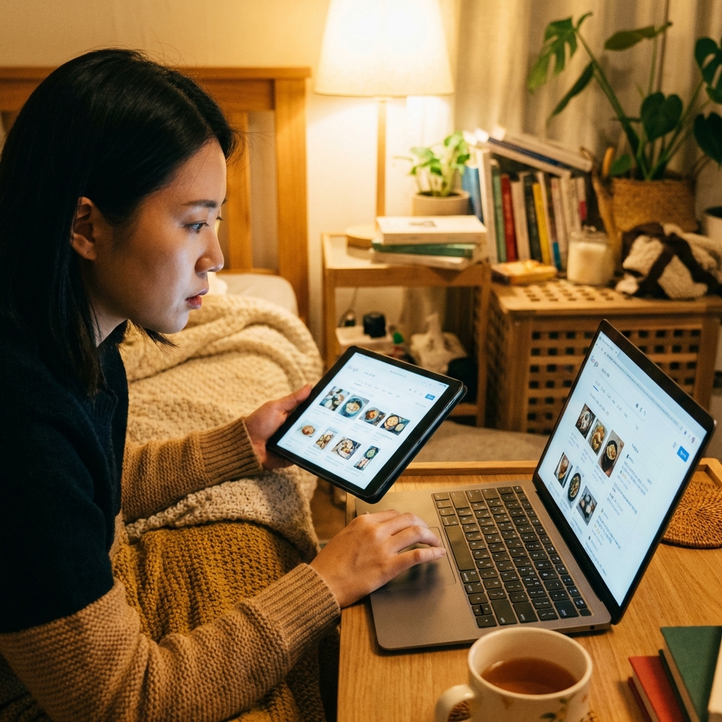 A close-up of a person using a tablet and a laptop at the same time to compare search results. Warm indoor lighting, cozy atmosphere. Korean appearance female, focused expression. Lifestyle photography. 1:1