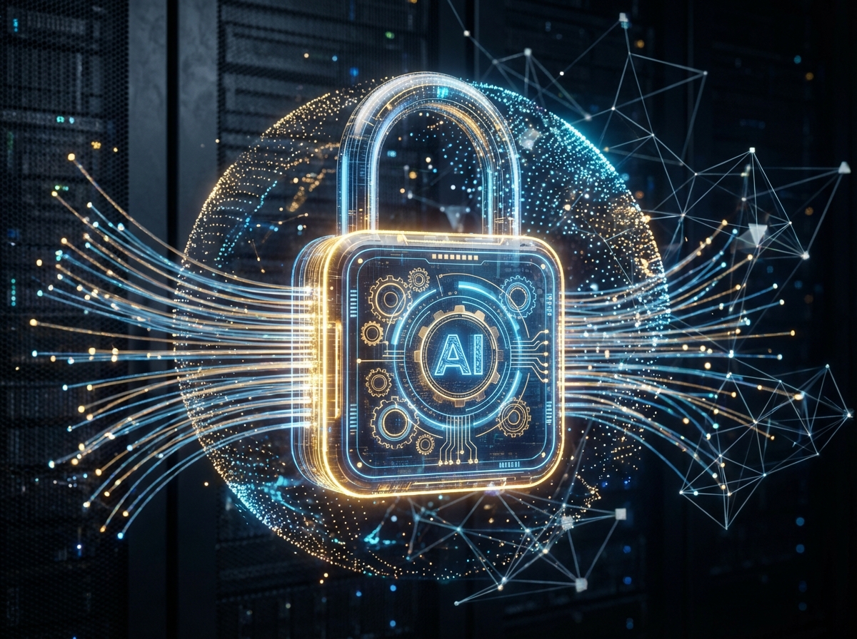 안전한 인공지능 활용을 상징하는 디지털 보안 아트