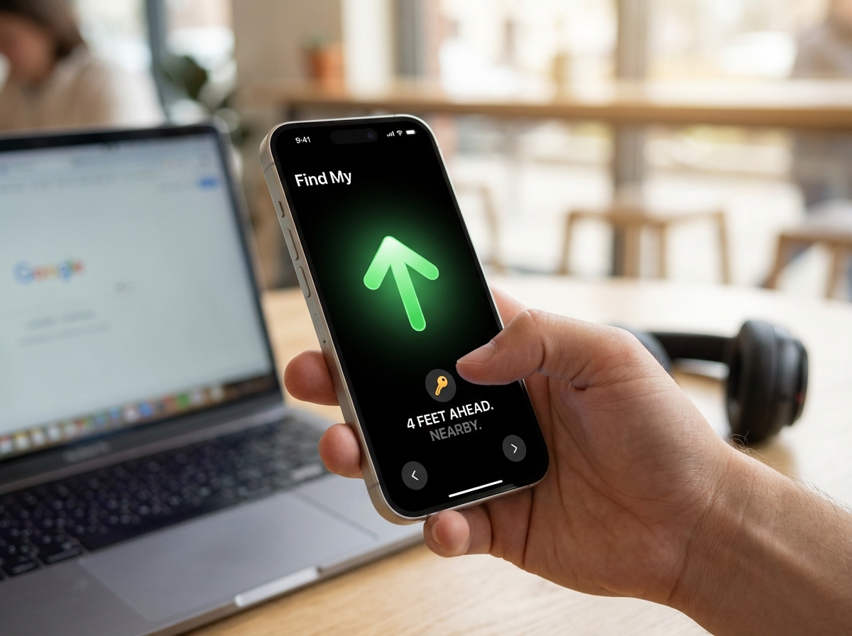 Close up of a person holding an iPhone 17 showing the Find My app with a large green arrow pointing towards a hidden object. Modern tech lifestyle setting. 4:3