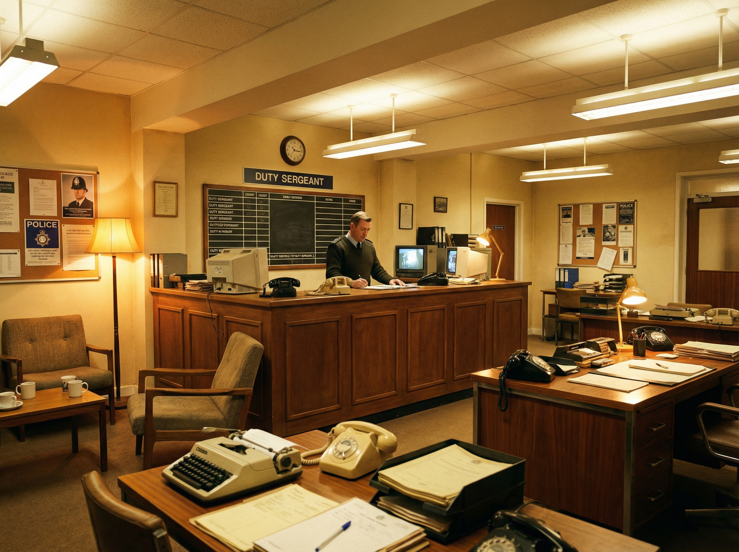 A nostalgic interior of a 1990s British police station, warm lighting, wooden desks, old telephones, a duty sergeant's station, cozy atmosphere, cinematic photography, high detail, 4:3, no text