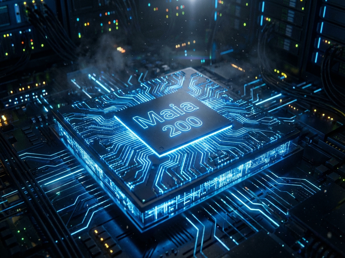 A close-up cinematic shot of a futuristic AI semiconductor chip labeled Maia 200, with glowing blue circuitry and intricate details on a dark tech background, high-tech atmosphere, 4:3