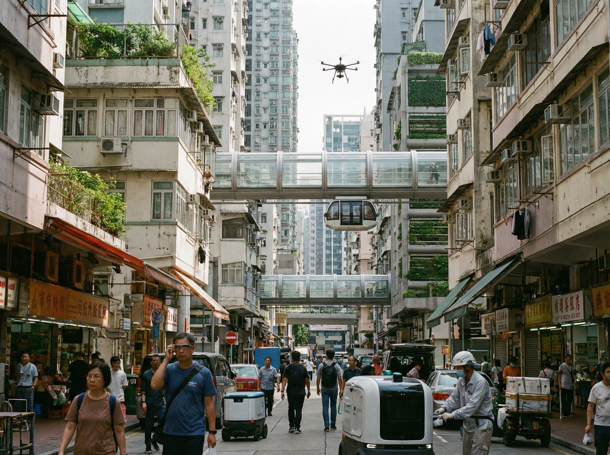 A futuristic cityscape with various AI applications subtly integrated, showing both advanced technology and human interaction. The overall mood is pragmatic and realistic, not overly utopian. Aspect ratio 4:3, no visible text.