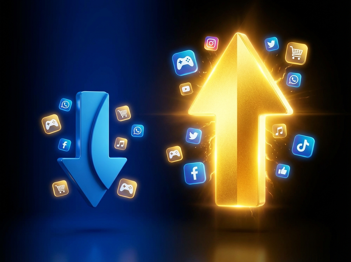 A clean and modern 3D infographic showing a downward arrow for app downloads and a much larger upward glowing golden arrow for consumer spending, surrounded by floating mobile app icons, high contrast, vibrant blue and gold colors, 4:3 aspect ratio, no text.