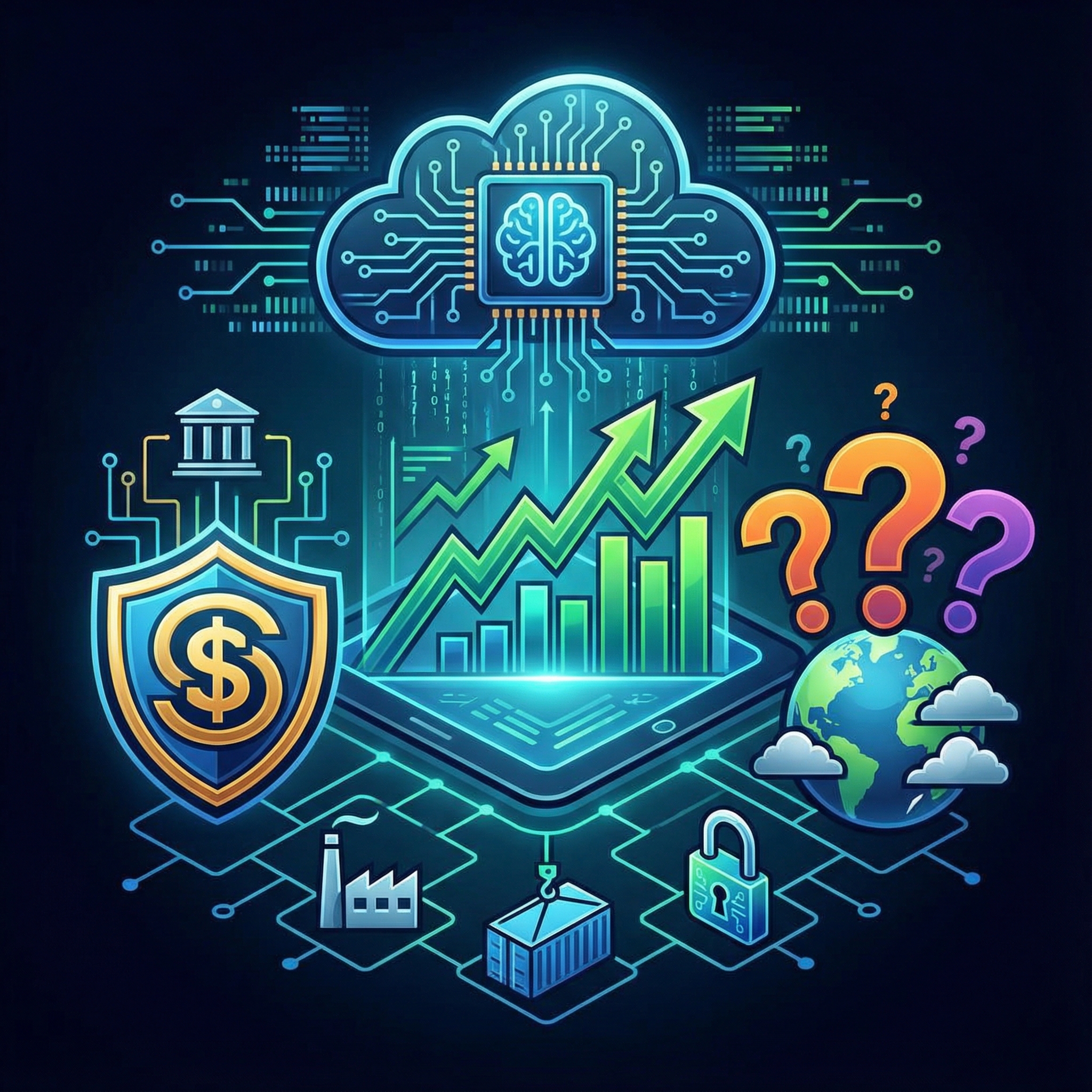 An infographic showing various elements representing the global economy in 2026, including rising stock market graphs, a cloud shaped like an AI chip, a shield with a dollar sign representing the Fed, and question marks for risks. Clean infographic, modern layout, high contrast, aspect ratio 1:1, no visible text.