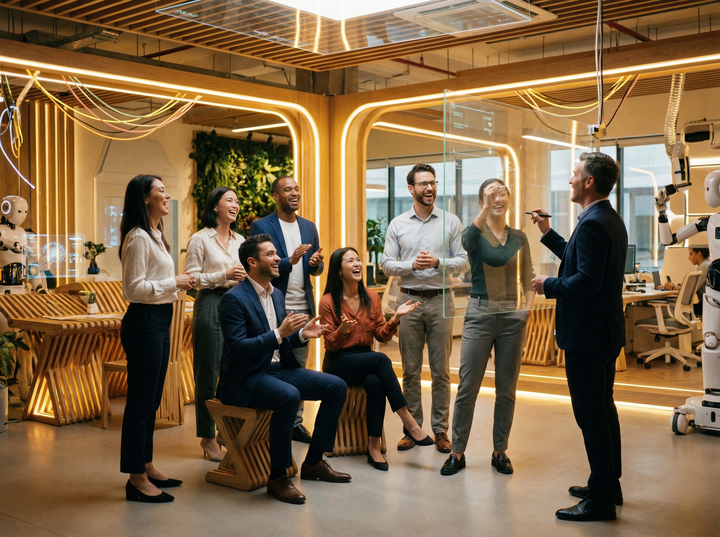 A group of diverse professionals having an energetic discussion in a tech-inspired office, futuristic interior design, warm lighting, detailed composition, 4:3, no text