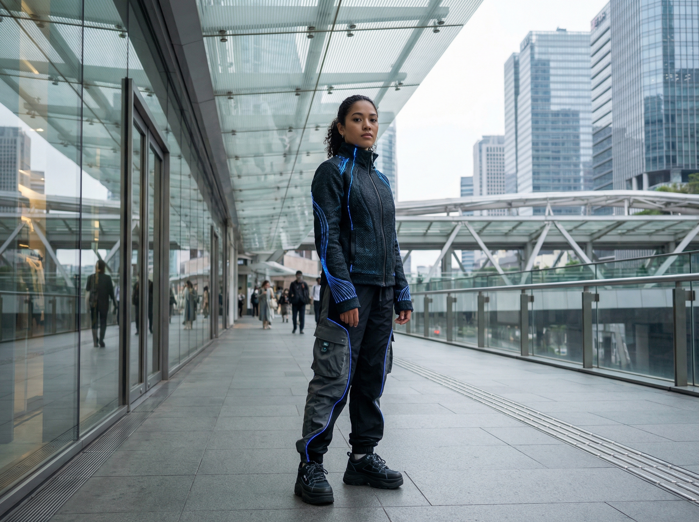A futuristic street style fashion photography in 2026, a model wearing a smart fabric jacket with subtle LED accents, standing in a modern urban city background, soft natural lighting, high quality, 4:3 aspect ratio, no text