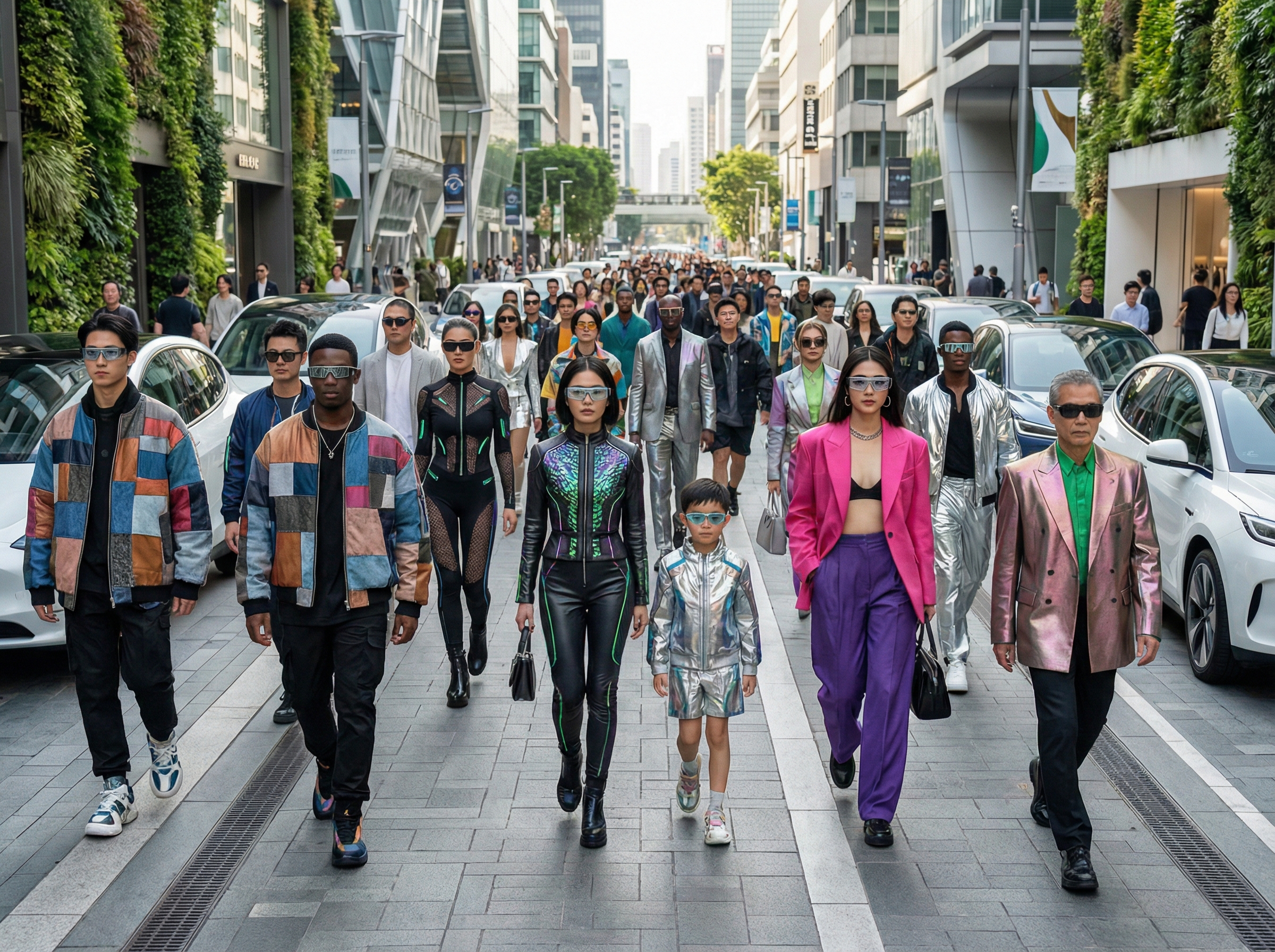 A diverse group of people walking down a stylish urban street, showing various 2026 fashion trends, bright daylight, high detailed environment, professional photography, 4:3 aspect ratio, no text