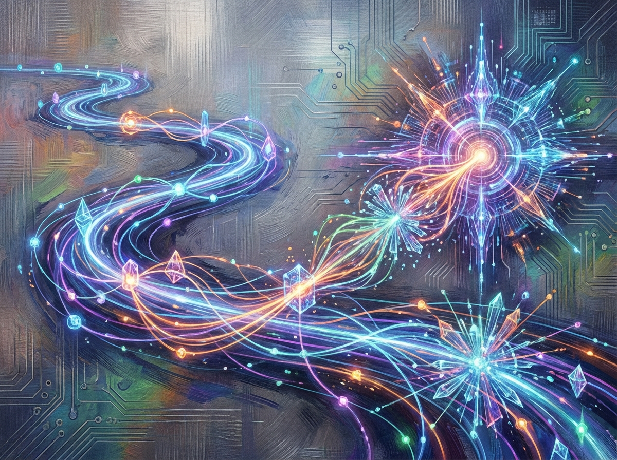 An abstract artistic rendering of a timeline leading towards the year 2026 with futuristic light trails and data nodes, representing the evolution of mobile AI technology, textured background, vibrant colors, 4:3 aspect ratio, no visible text
