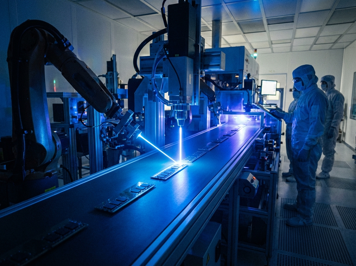 A high-tech semiconductor production line with glowing blue light focusing on DDR5 RAM modules, dramatic lighting, 4:3 aspect ratio, no text
