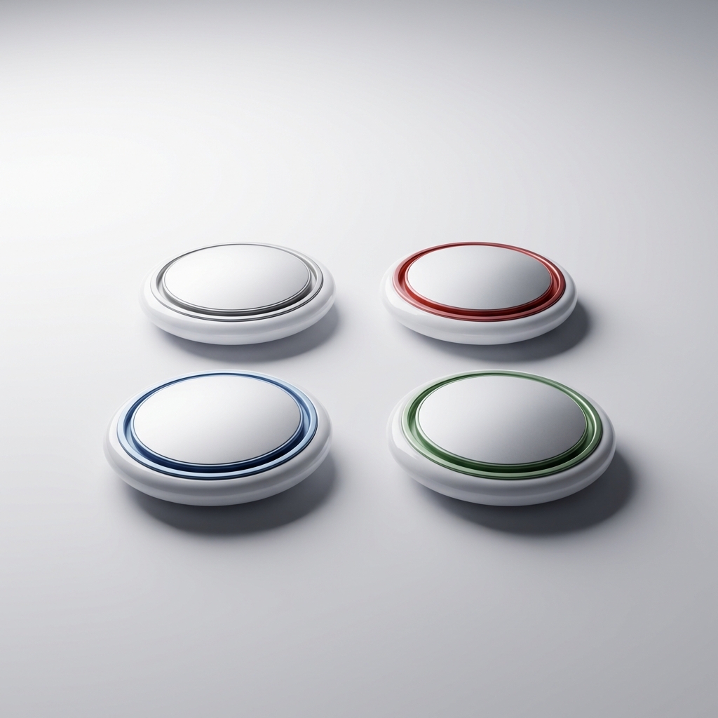 A set of four Apple AirTag 2 units arranged neatly on a clean white and grey gradient background. High-end product photography with soft shadows. 1:1