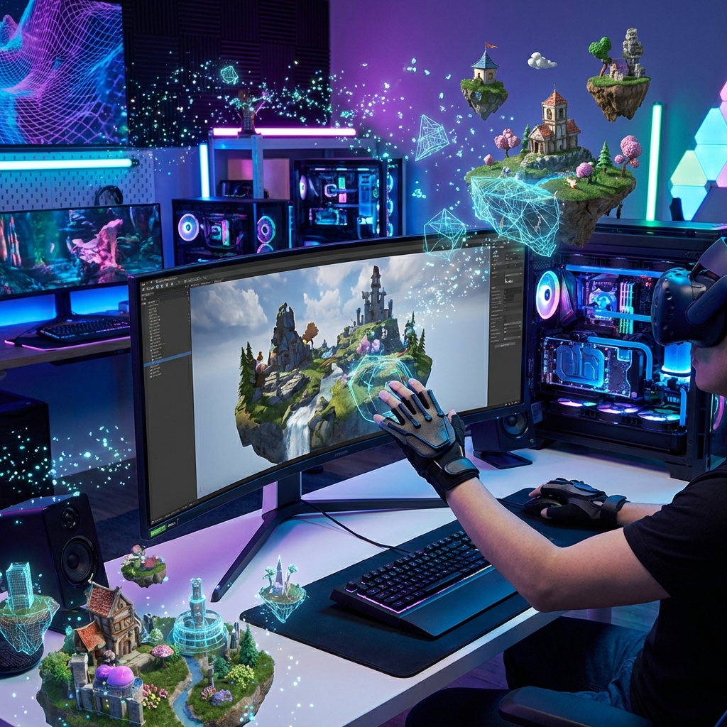 A high-tech workstation rendering a detailed 3D virtual environment. Digital particles and world-building elements are floating in the air. Vibrant colors and high-end computer hardware. 1:1