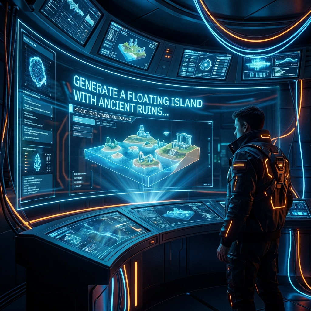 A futuristic AI laboratory interface showing a 3D world being generated from text floating in the air, Project Genie interface, high contrast, blue and orange lighting, 1:1