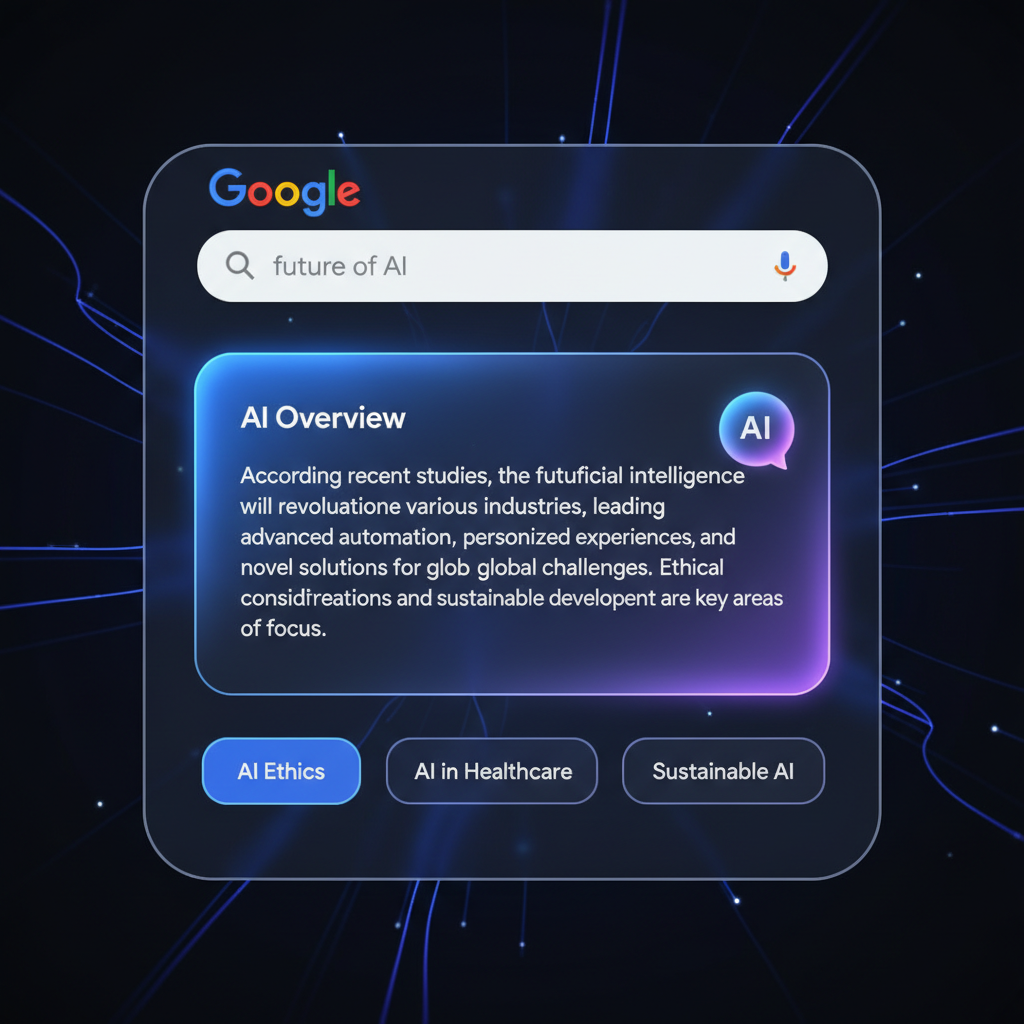 A modern and clean digital interface of Google Search showing an AI generated summary with a chat bubble icon. High-quality UI/UX design, glowing blue and purple accents, futuristic atmosphere. 1:1