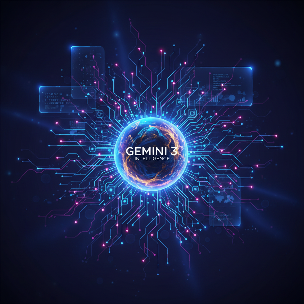 A high-tech digital representation of AI neural networks with soft blue and purple glowing lights. A central glowing core symbolizing Gemini 3 intelligence. Clean and modern infographic style. 4:3