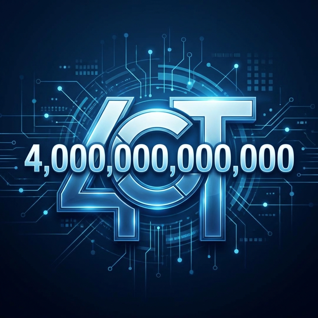 A clean and modern informational graphic showing the number 4 Trillion with the Google Alphabet logo. The background is a sophisticated dark blue with digital data patterns. Professional financial atmosphere, high contrast, 1:1 aspect ratio, no text.