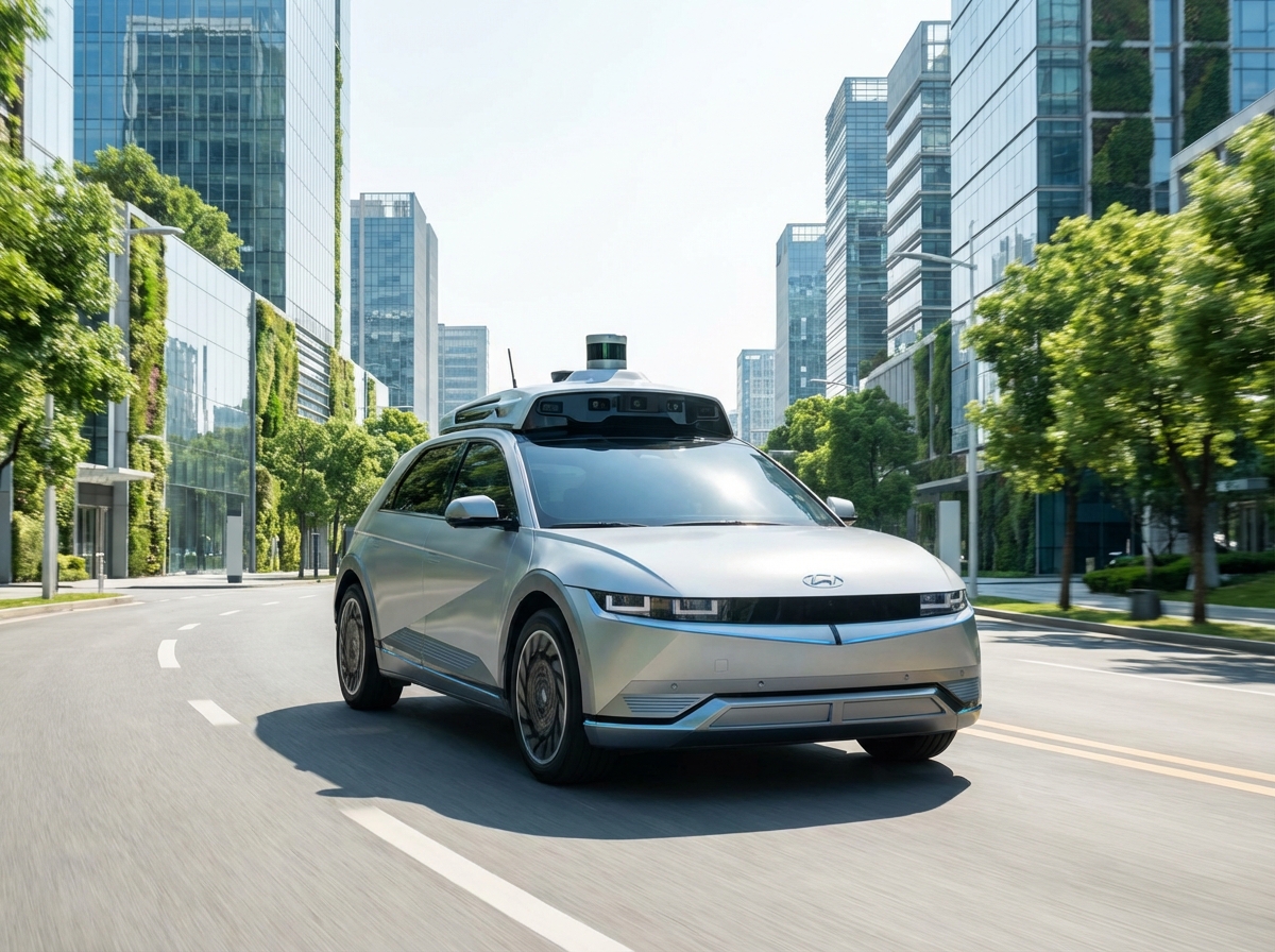 A futuristic Hyundai IONIQ 5 robotaxi with advanced roof-mounted sensors and cameras driving on a clean city street, high-tech automotive photography, bright daylight, centered focus, 4:3 aspect ratio, no text