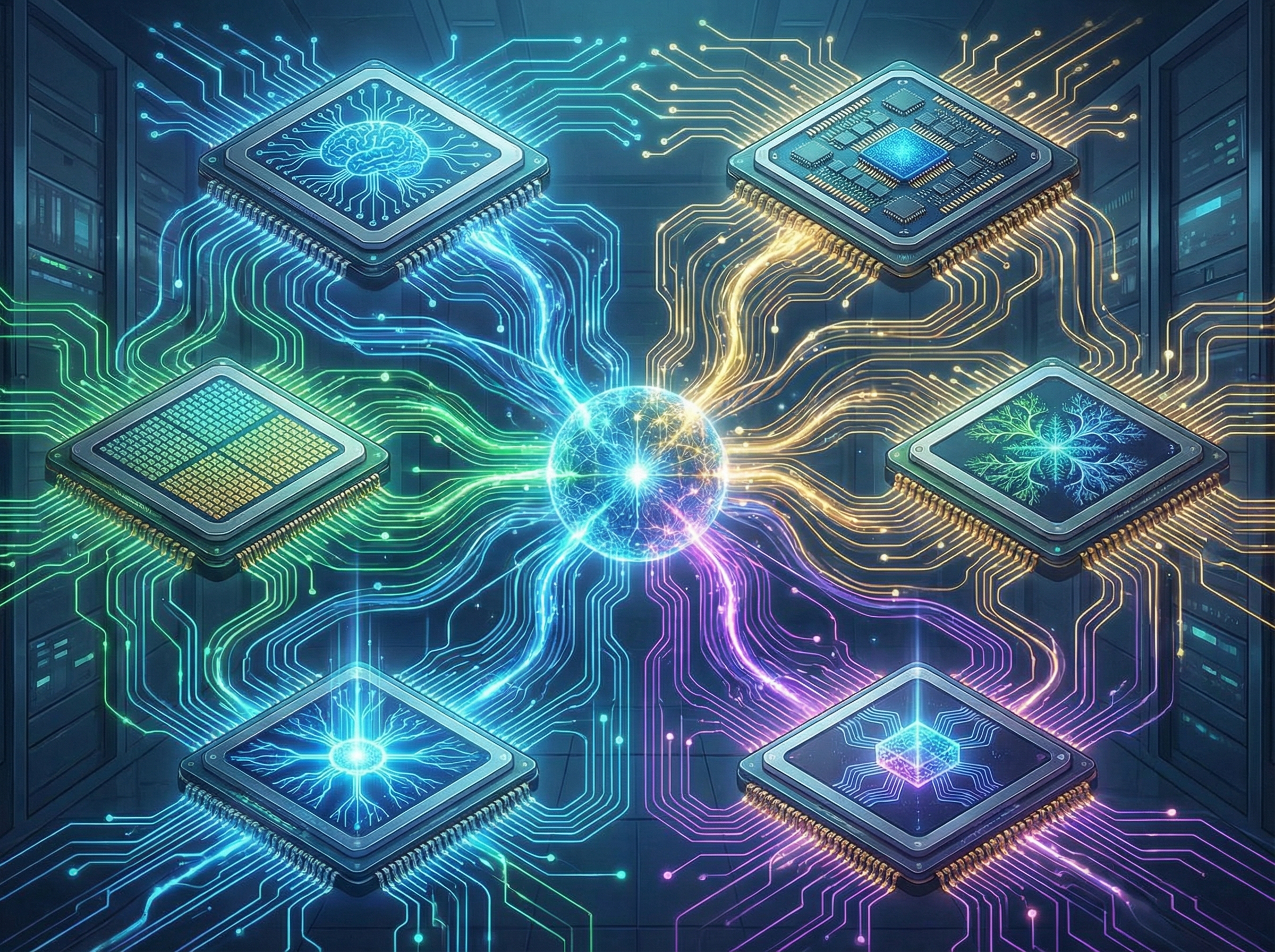 A creative illustration showing six different advanced microchips interconnected by glowing data pathways to form a single powerful AI system. Each chip has a distinct design representing CPU, GPU, and networking components. Vibrant colors, technical but artistic style, high detail, 4:3 aspect ratio, no text.