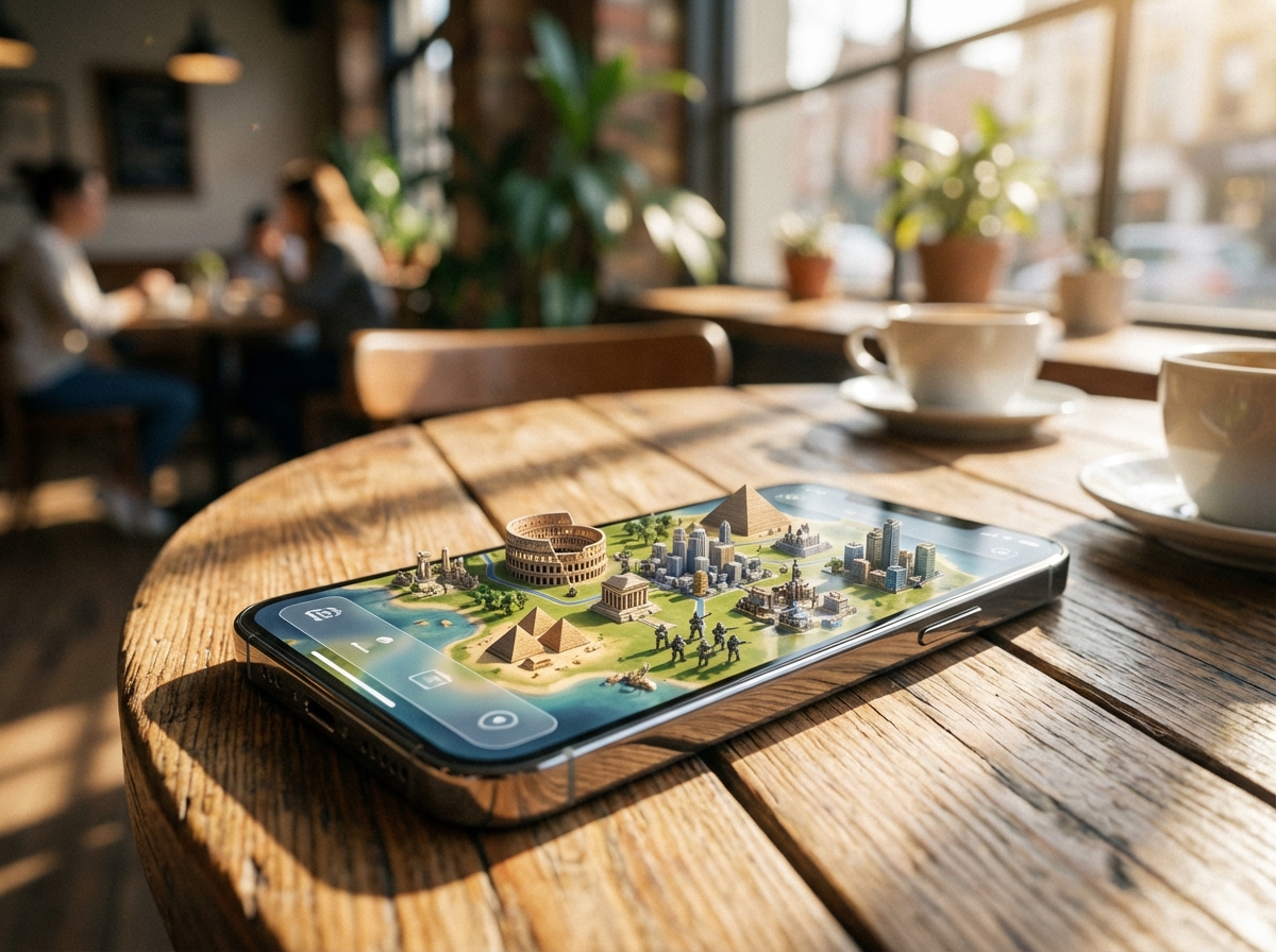 A high-end smartphone lying on a wooden cafe table showing a detailed strategy game map with historical monuments and a modern UI. Warm sunlight filtering through a window, blurred cafe background, 4:3 aspect ratio, no text.