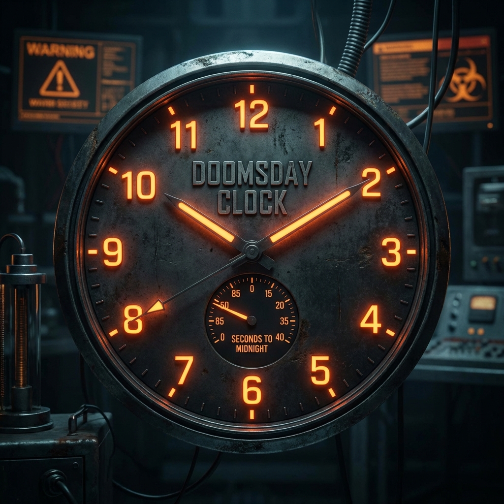 A dramatic close-up of the Doomsday Clock showing the second hand at 85 seconds to midnight, glowing orange numbers on a metallic dark background, scientific and ominous atmosphere, Doomsday Clock, 1:1
