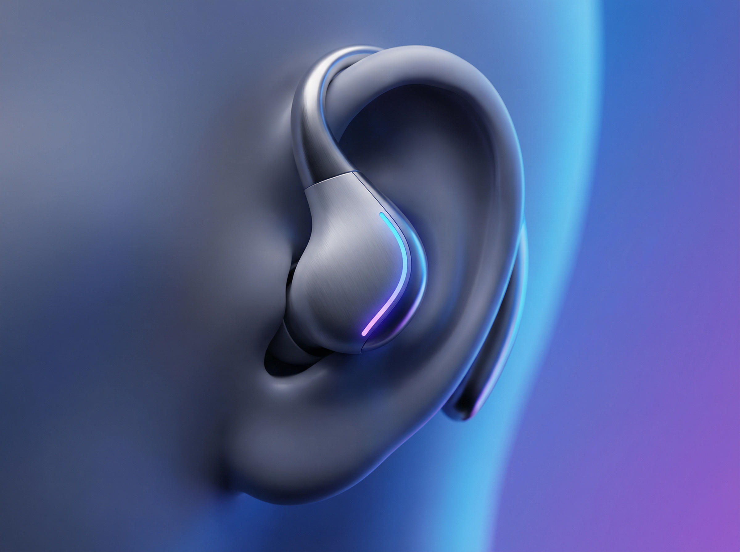 A sleek, futuristic personal audio AI device, perhaps an earbud or a small wearable, with subtle glowing lights indicating AI activity. The design is minimalist and elegant, blending seamlessly with the user. Background is a soft gradient of tech blue and purple. No visible text. Aspect ratio 4:3.