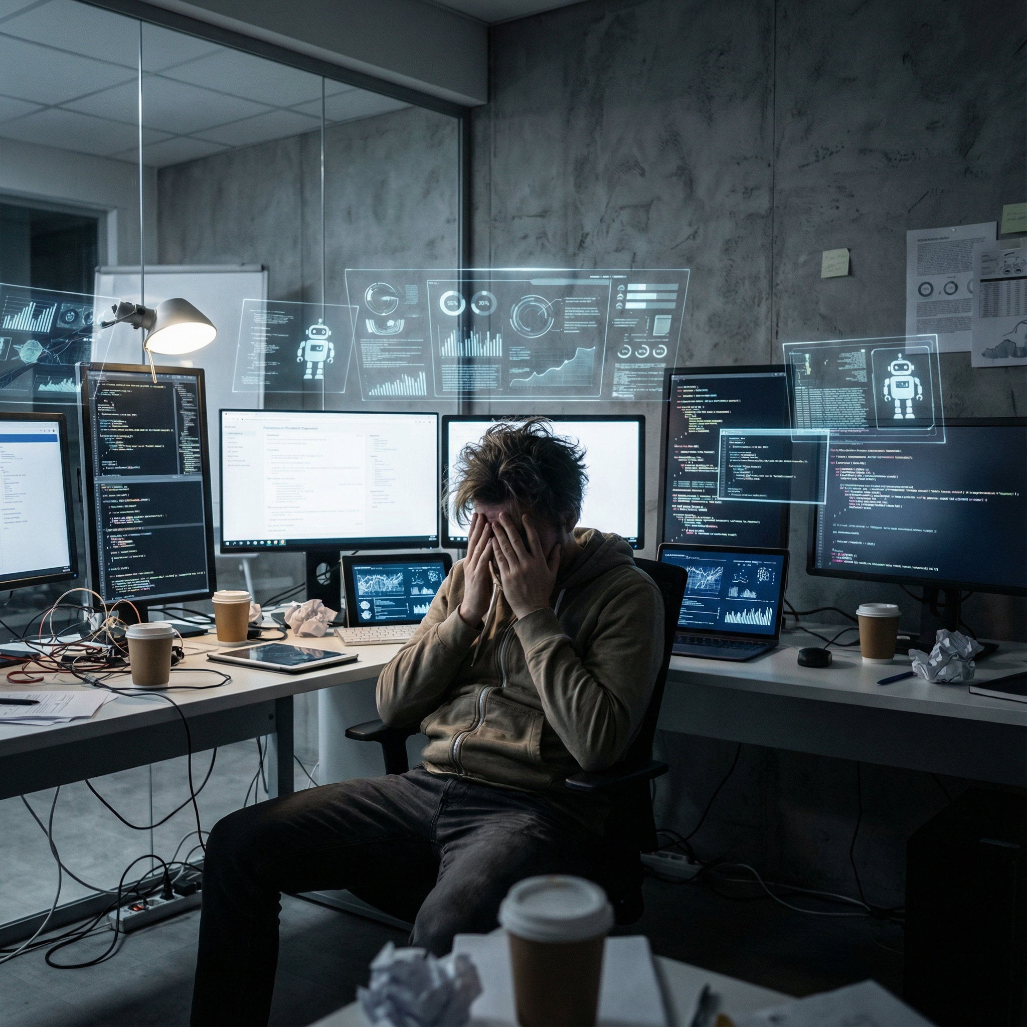 A person in a modern office, surrounded by multiple glowing screens, looking overwhelmed and messy, implying over-reliance on AI for simple tasks. Informational style, high contrast, modern layout, 1:1 aspect ratio, no visible text, textured background.