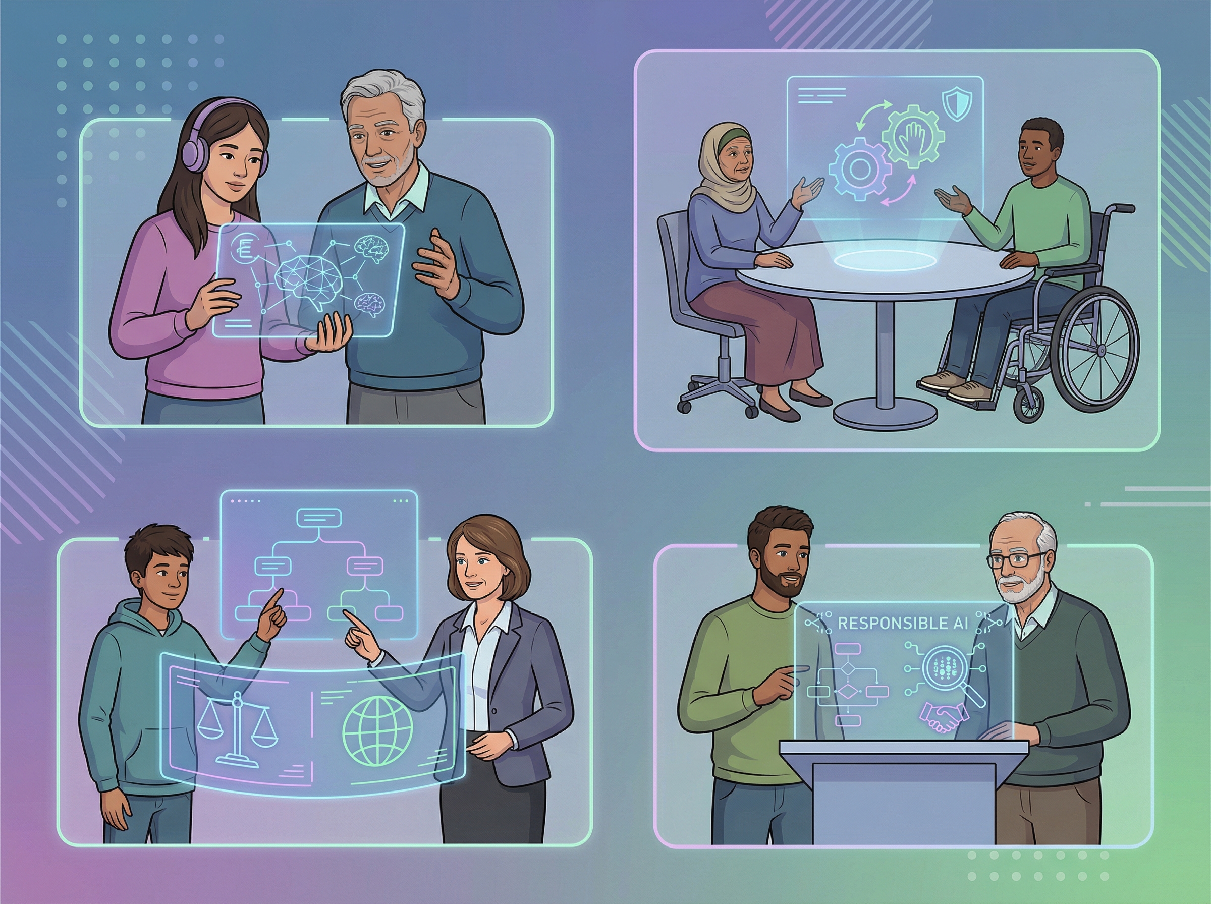 Diverse individuals from various age groups collaborating thoughtfully with AI interfaces, demonstrating ethical and responsible technology use. They are engaged in discussions or careful decision-making. Informational style, clean infographic, 4:3 aspect ratio, no visible text, gradient background.