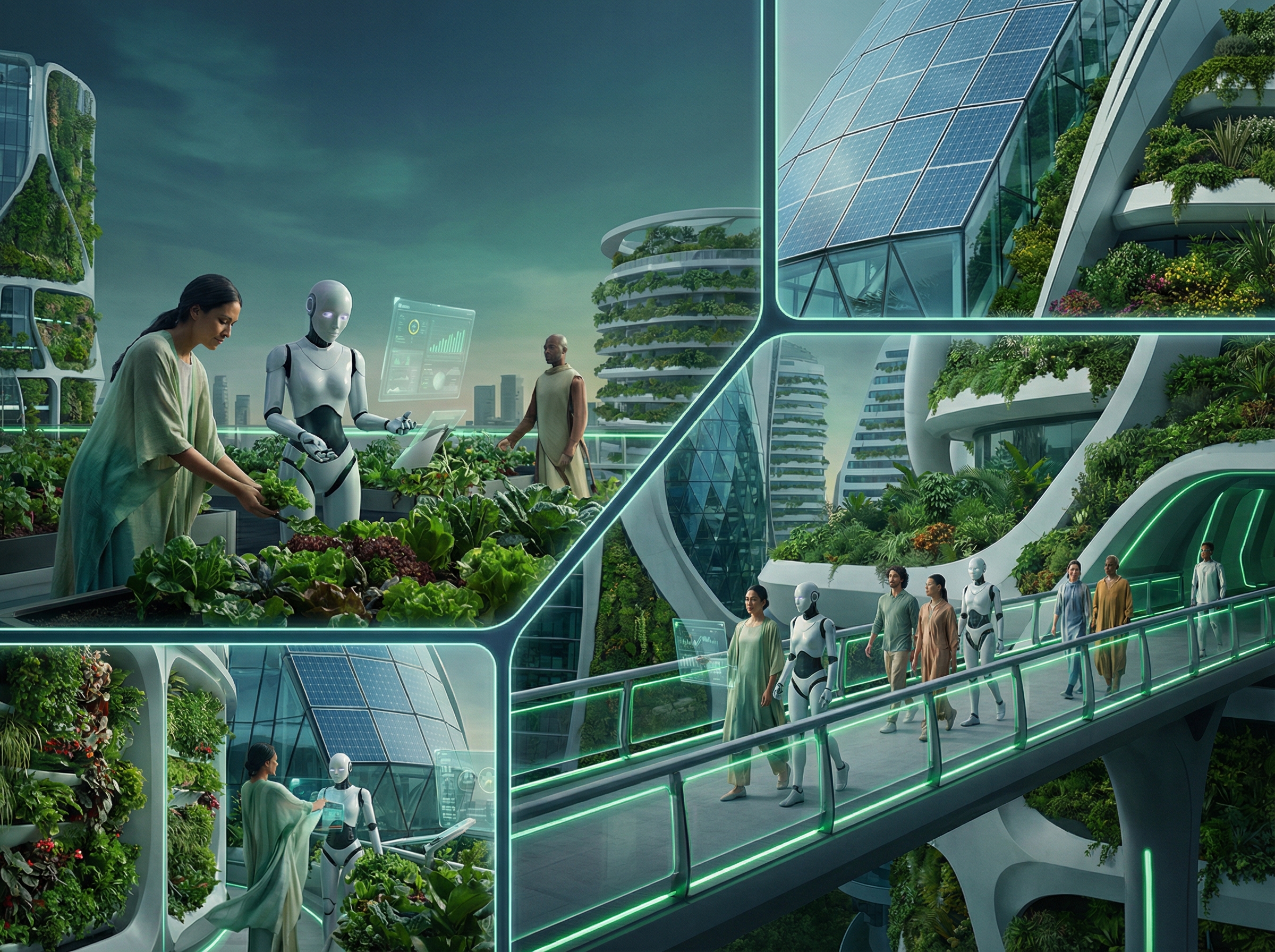 A serene futuristic city scene where humans and advanced AI systems coexist harmoniously, with greenery and sustainable infrastructure. People are interacting naturally. Informational style, modern layout, high contrast, 4:3 aspect ratio, no visible text, colored background.