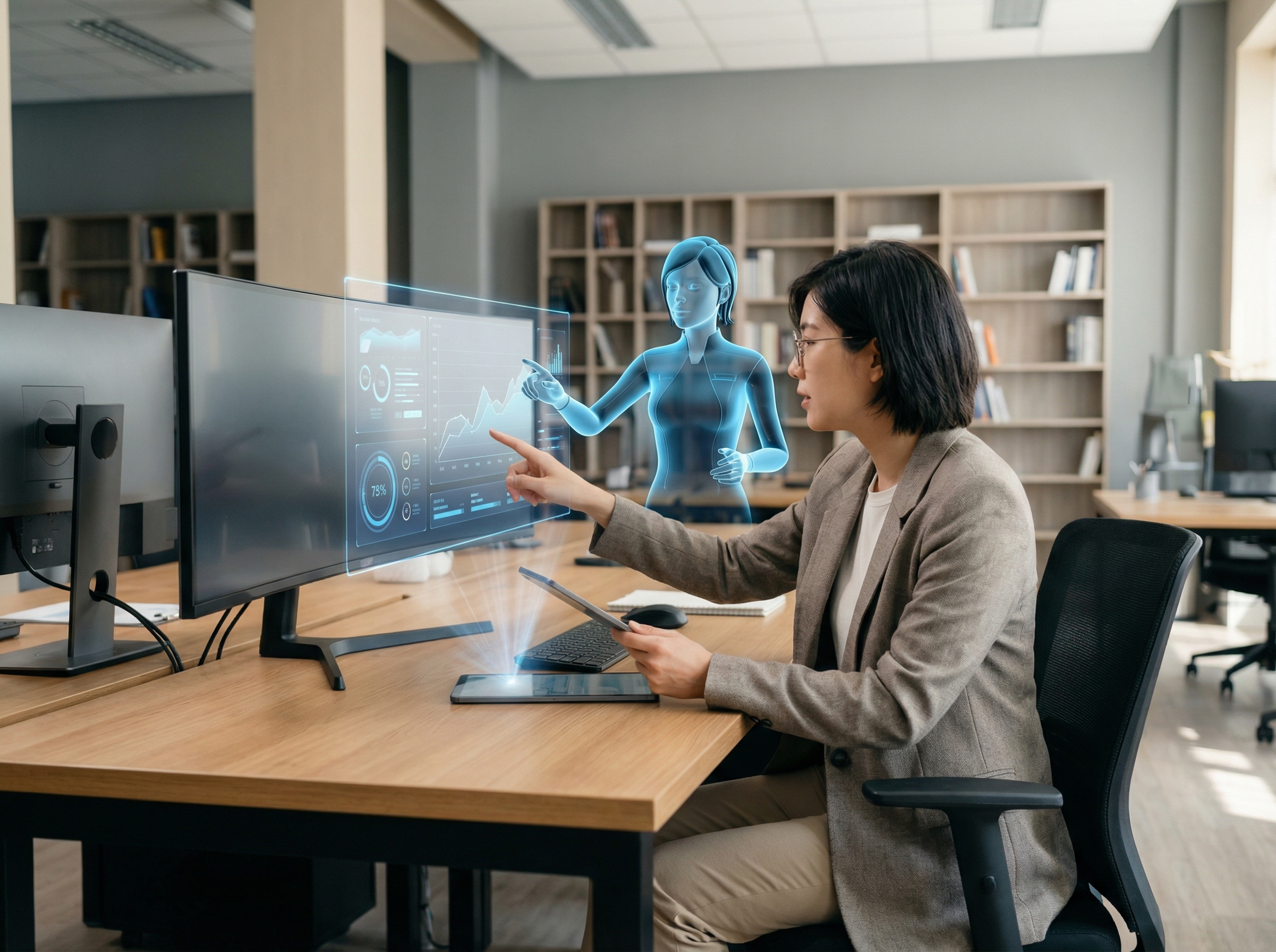 AI assisting a person in a realistic office setting, showing collaboration and augmented intelligence, modern and clean style, neutral colors, no visible text, aspect ratio 4:3