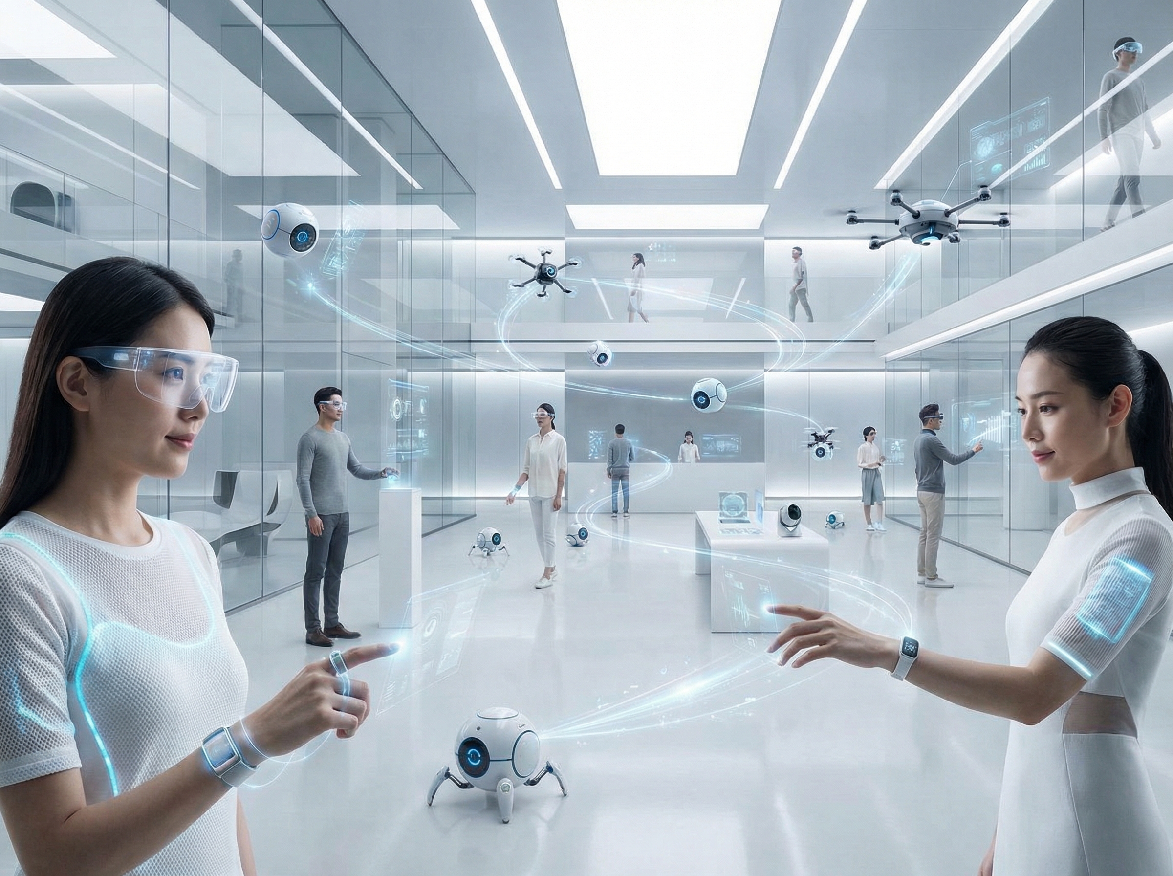 A futuristic representation of various AI-powered devices (wearables, small robots) seamlessly connected and interacting in a smart environment, emphasizing connectivity and integration, clean and modern design, no visible text, aspect ratio 4:3