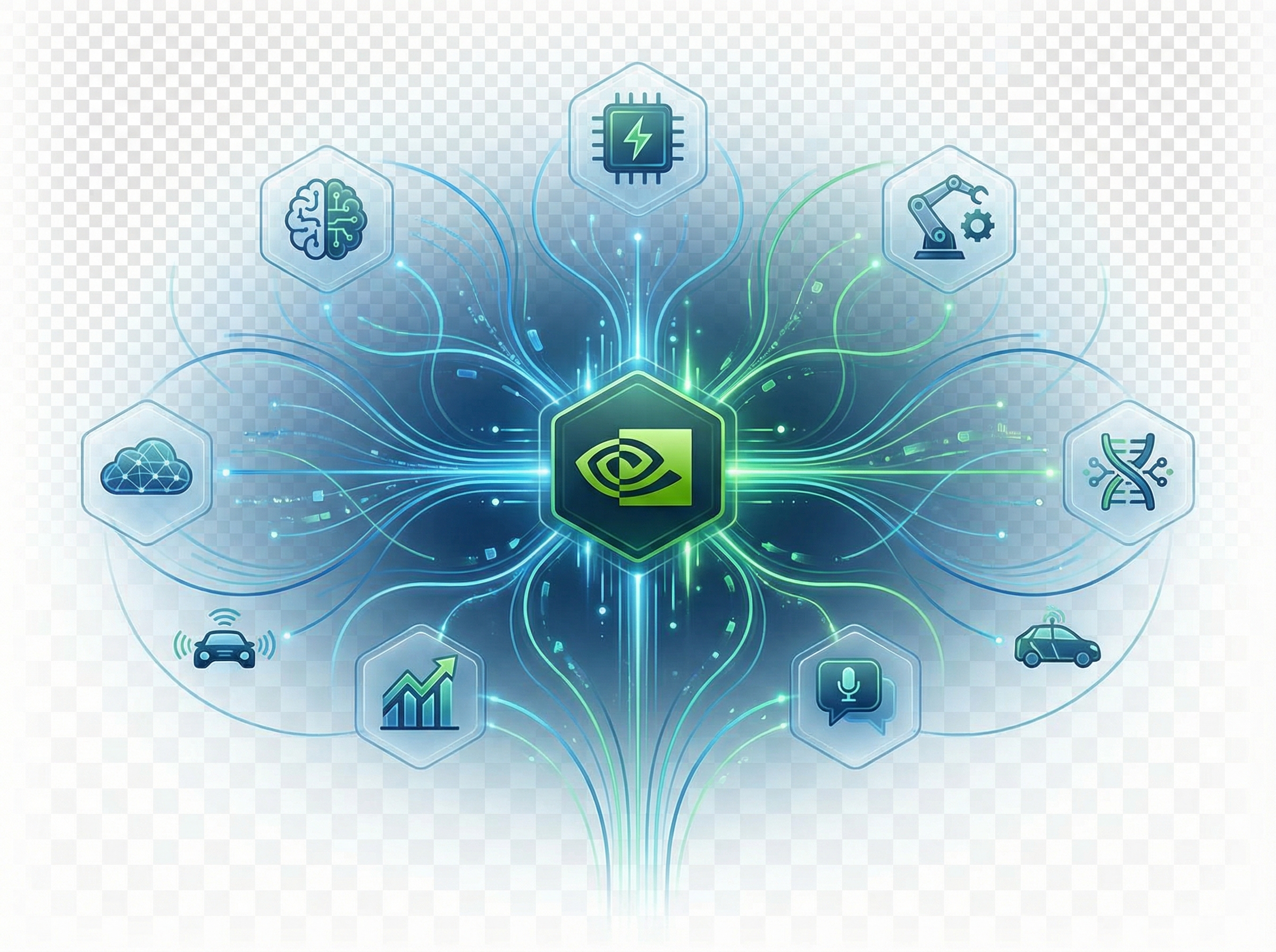 A sleek, modern infographic representing Nvidia's investment strategy in AI startups. Show connecting lines between a central Nvidia logo and various diverse AI startup icons, implying ecosystem expansion and strategic backing. Use a palette of tech-blue, green, and white. Aspect ratio 4:3, no visible text.