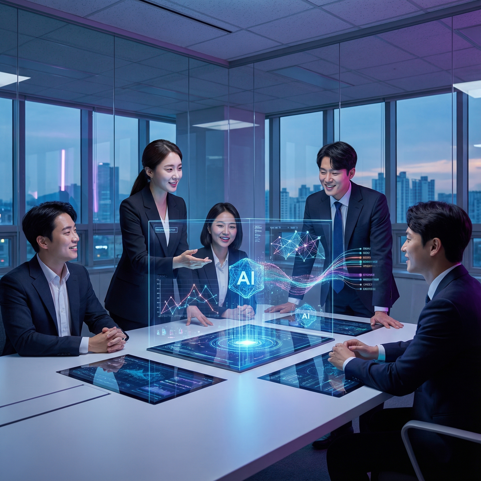 A high-tech boardroom scene with diverse professionals (Korean appearance) collaborating around a holographic display showing AI models and data. The atmosphere is innovative and dynamic, reflecting strategic investments. Aspect ratio 1:1, no visible text.