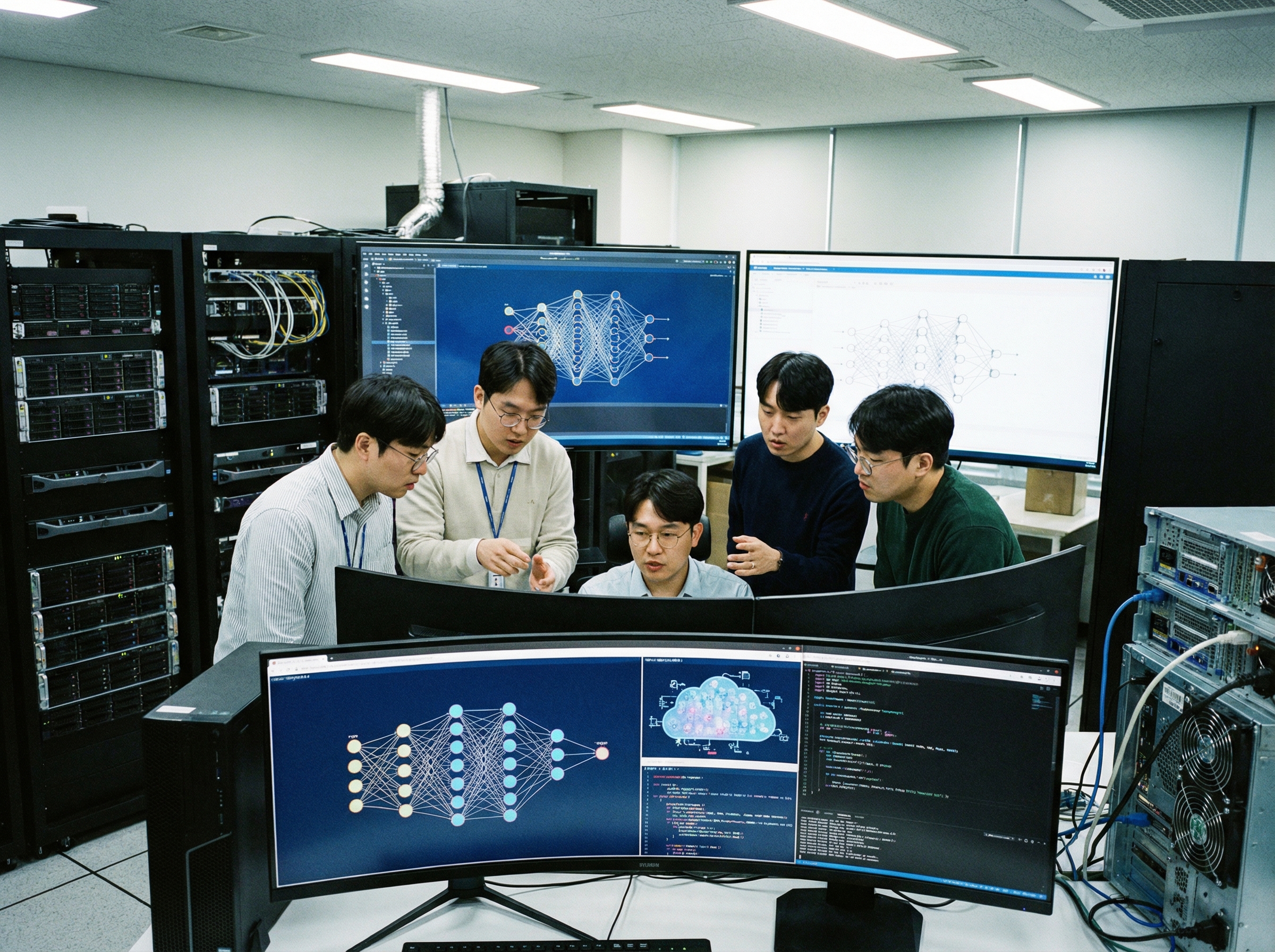 A group of researchers (Korean appearance) in a modern lab setting, surrounded by advanced computing equipment. They are focused on screens displaying complex AI algorithms and data visualizations, embodying the spirit of groundbreaking AI development. Aspect ratio 4:3, no visible text.