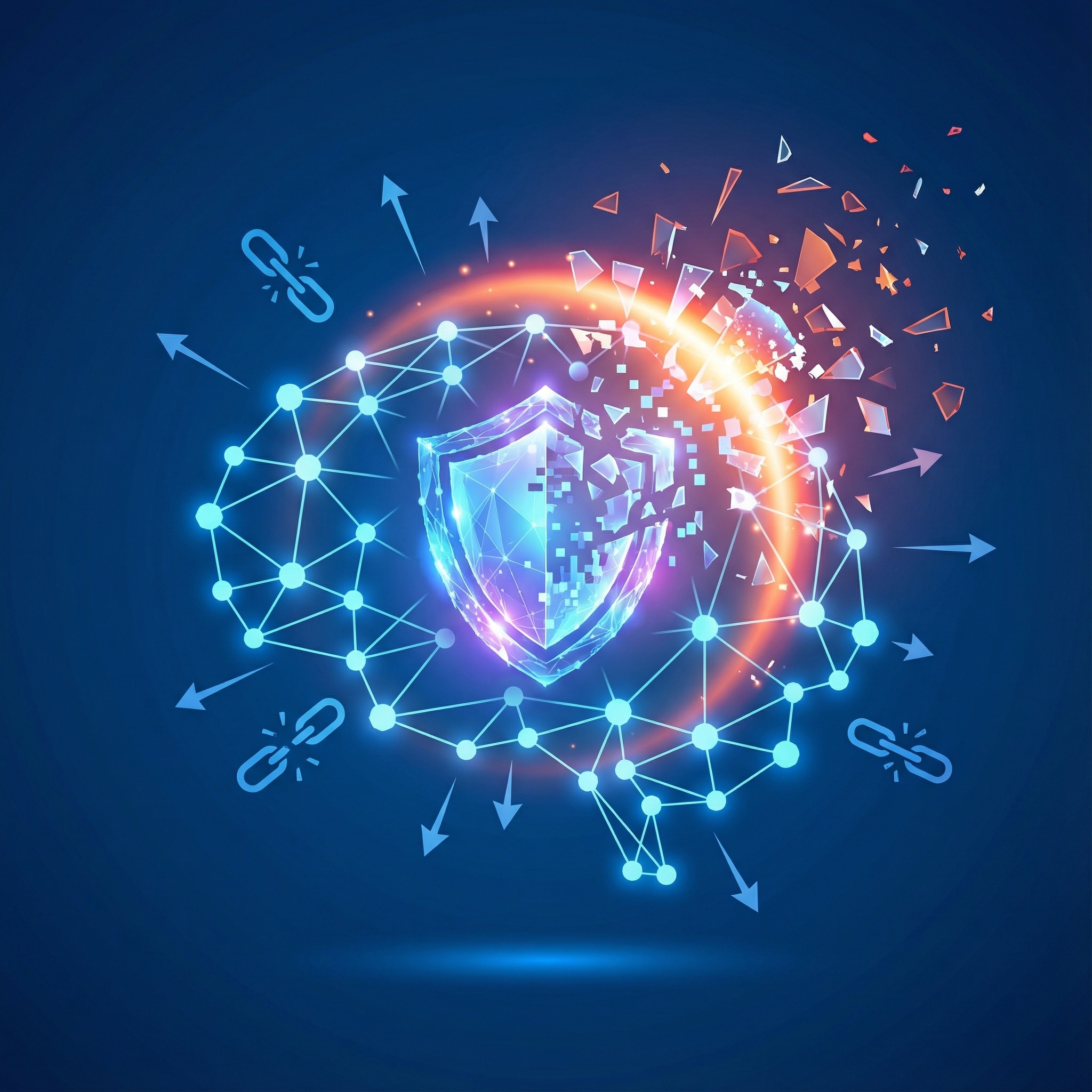 Abstract representation of AI with a digital shield breaking into pieces, indicating a failure in safety guardrails, clean infographic style, modern layout, high contrast, colored background, no visible text, 1:1 aspect ratio.