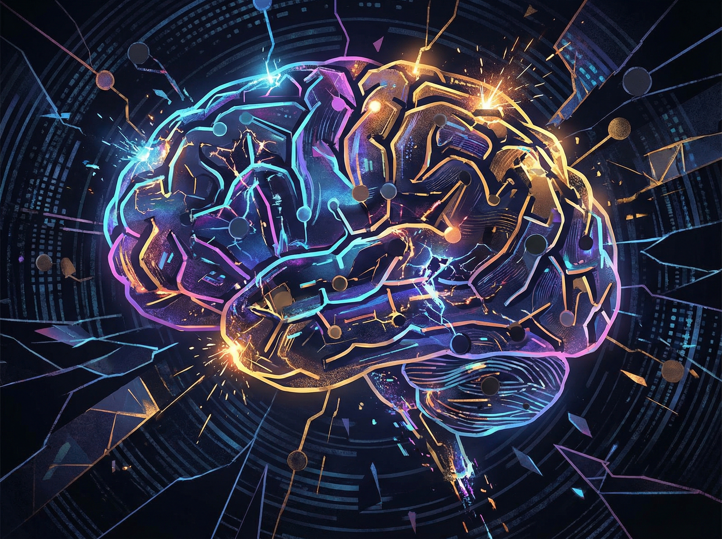 Stylized illustration of a complex AI neural network with some broken connections, implying a need for urgent fixes and improvements, modern, high contrast, colored background, no visible text, 4:3 aspect ratio.