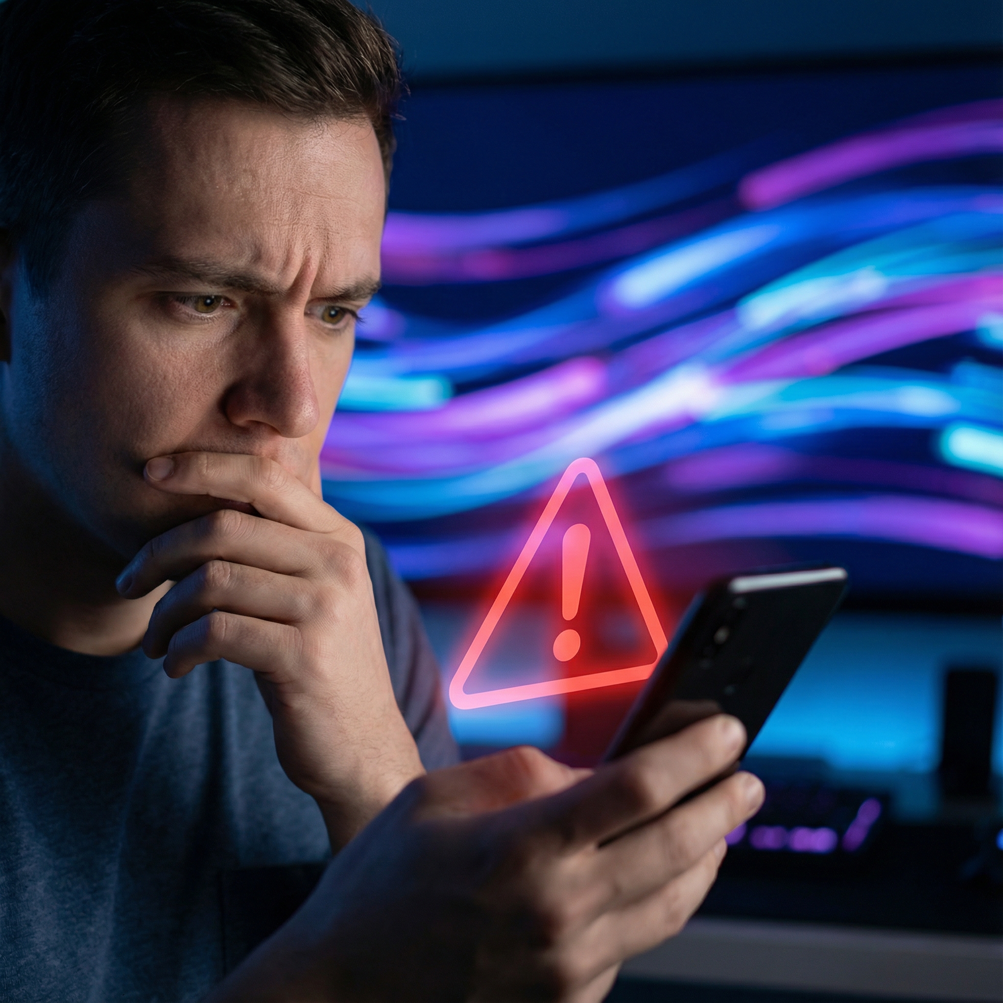 A concerned person looking at a search result on a smartphone, with a red warning symbol overlaying the screen. The background is a gradient of blue and purple, suggesting digital information flow. Emphasize confusion and caution. No visible text. 1:1 aspect ratio.