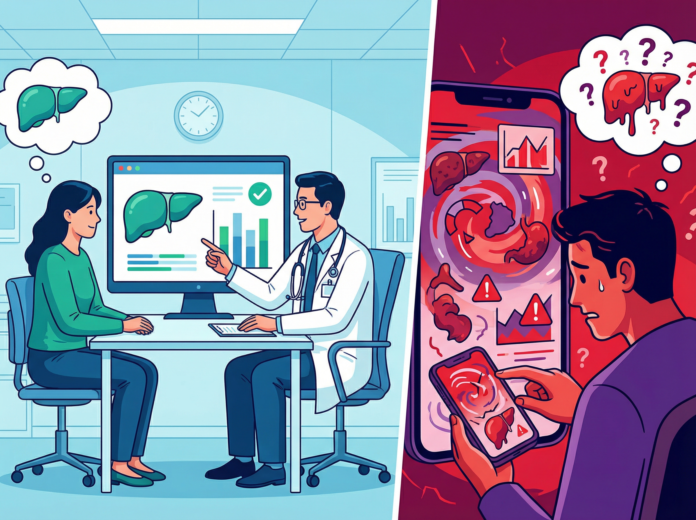 A split image showing two scenarios. On one side, a doctor is explaining accurate liver function test results to a patient in a sterile, professional setting. On the other side, a person looks confused and worried at a smartphone screen displaying abstract, misleading medical data. Use a clear, infographic style with high contrast. No visible text. 4:3 aspect ratio.