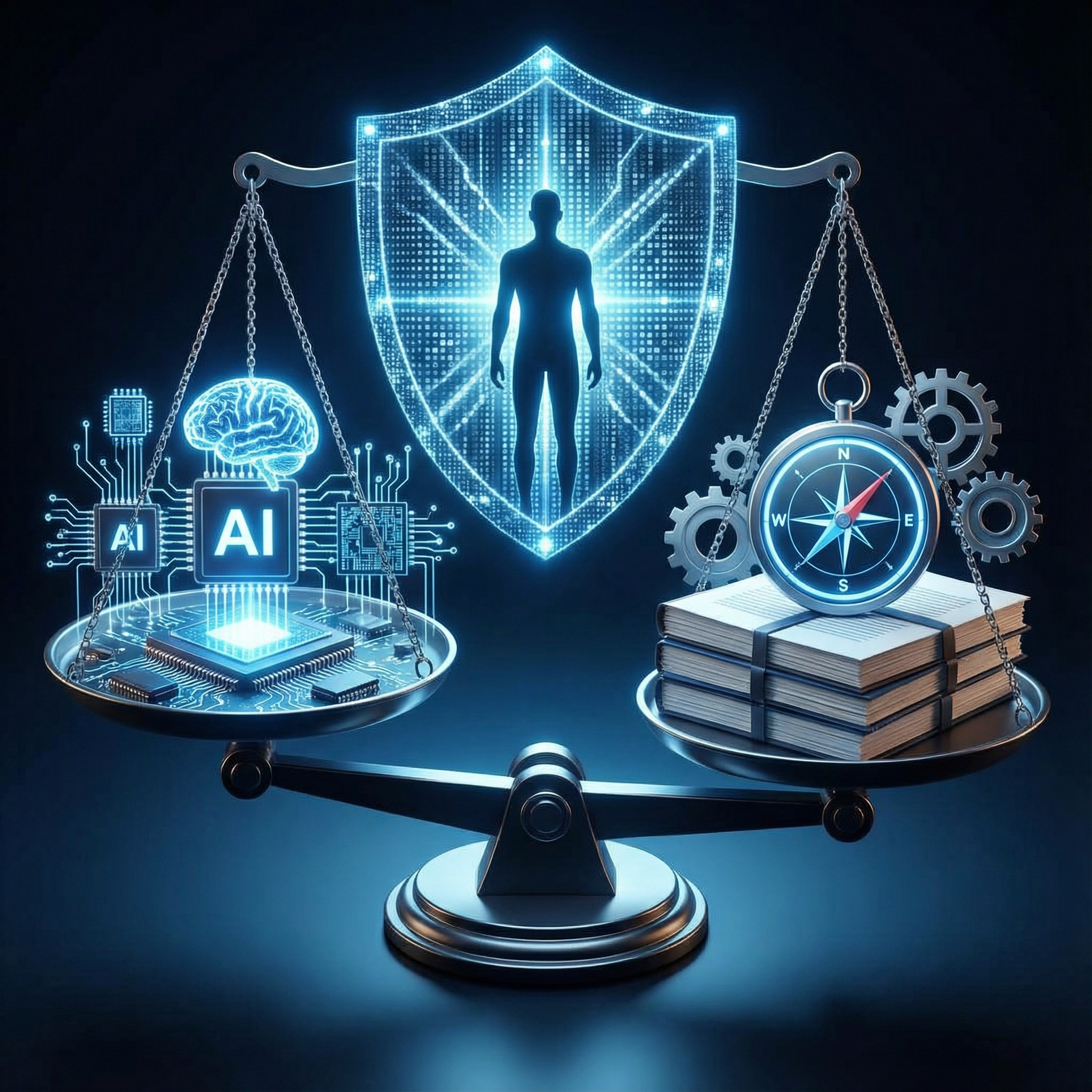 A symbolic image of AI ethics and regulations. A set of scales balancing AI technology on one side and ethical guidelines on the other, with a digital shield protecting a human figure in the background. Informational style, modern layout, high contrast. Aspect ratio 1:1, no visible text.