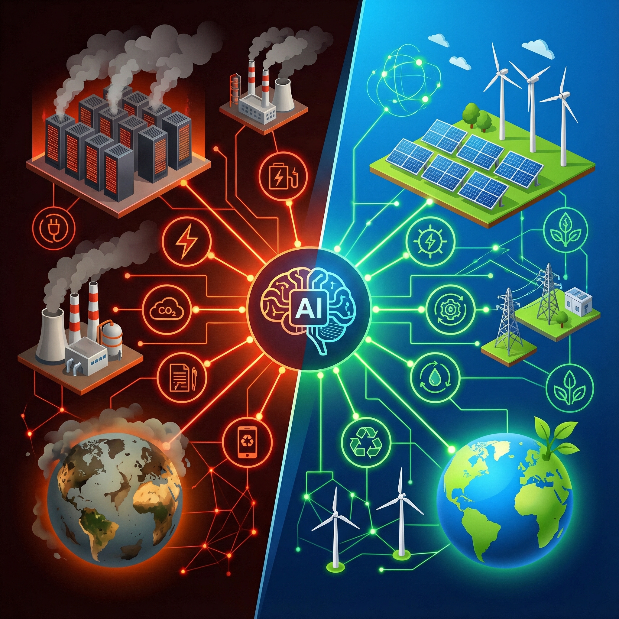 A complex infographic representing the dual nature of AI's environmental impact: one side showing energy consumption and pollution, the other showing clean energy solutions. It's clean and informational with a modern layout and high contrast. No visible text. Aspect ratio 1:1.