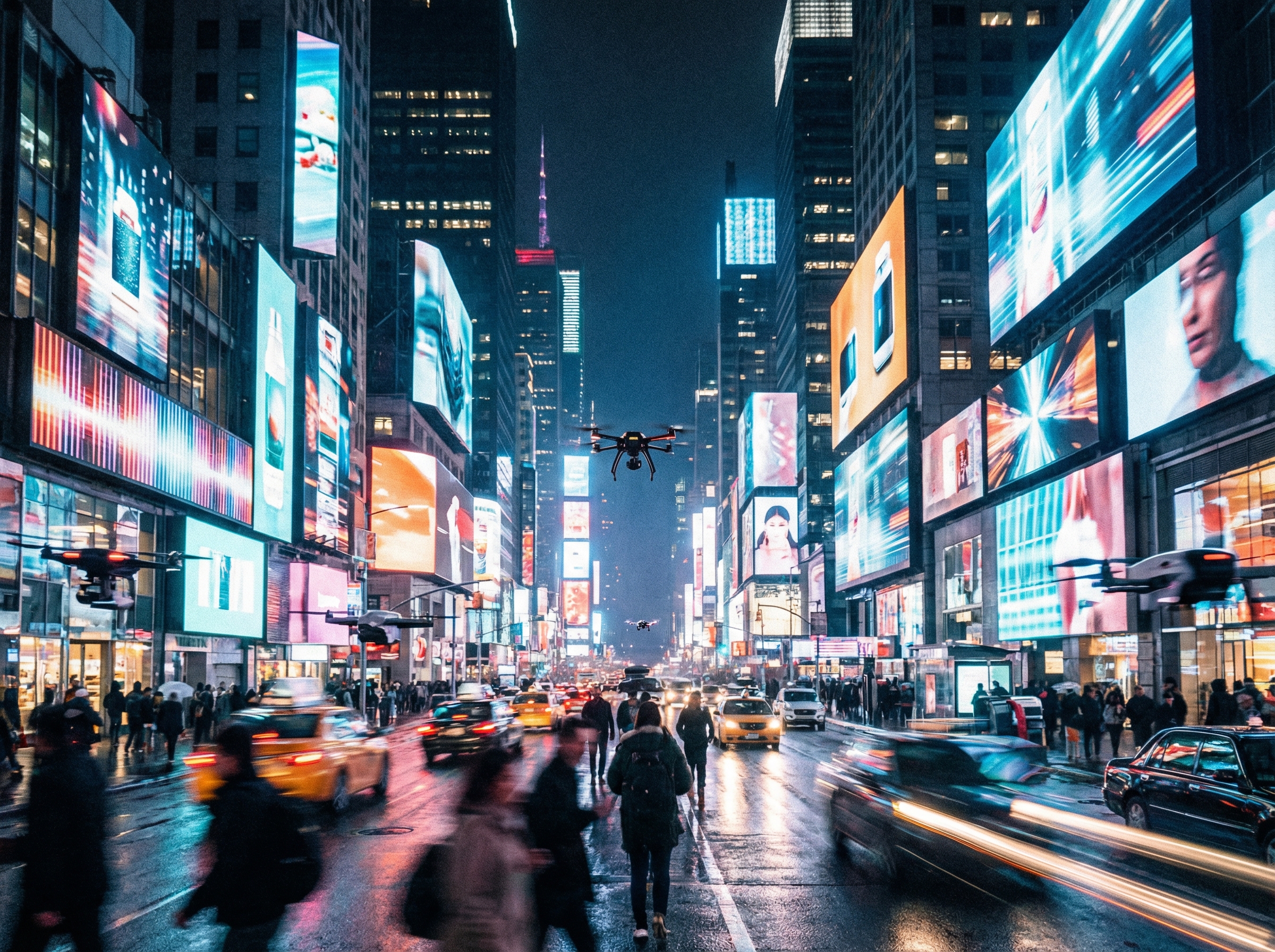 A busy cityscape at night, with bright advertisements and glowing screens powered by AI. The overall mood is fast-paced and consumption-driven, with a focus on urban lifestyle photography. No visible text. Aspect ratio 4:3.