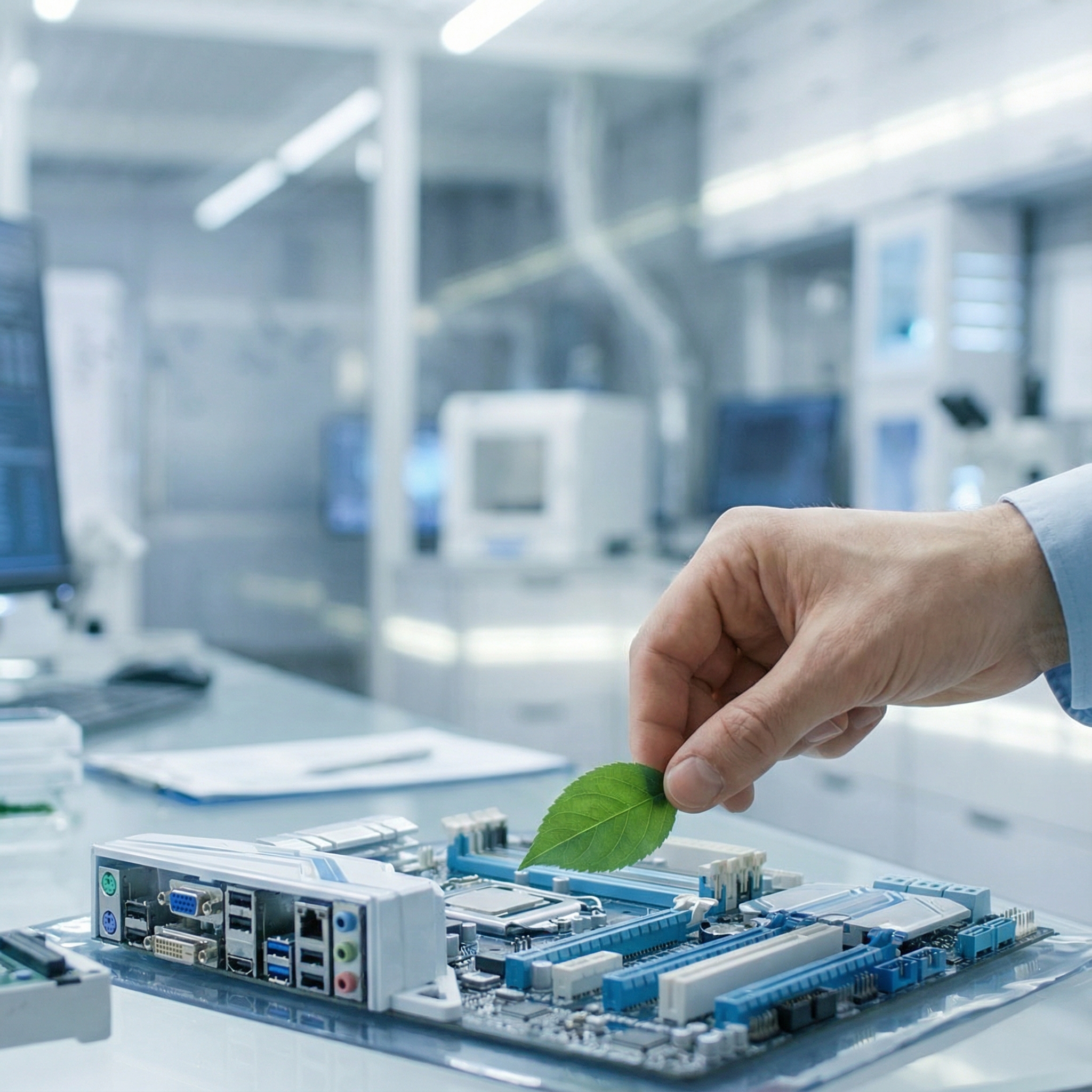 A hand reaching out to place a small green leaf on a circuit board, symbolizing the need for sustainable practices in AI development. The background is a clean, modern lab setting with soft, balanced lighting. No visible text. Aspect ratio 1:1.