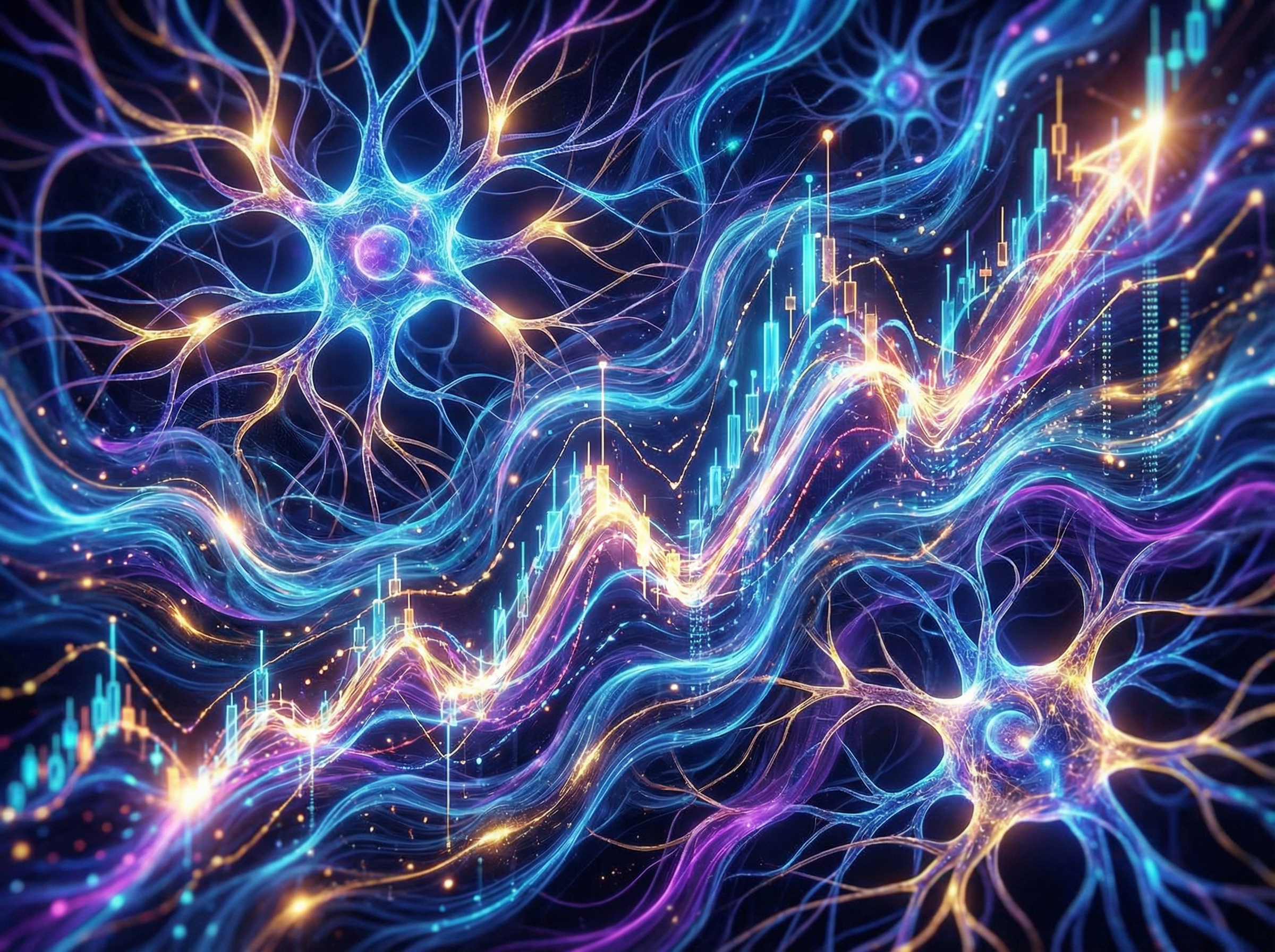 A dynamic and abstract visualization of an "AI-fueled stock rally," depicting upward-trending graphs intertwining with neural network motifs, suggesting growth and technological advancement. Modern layout, high contrast, aspect ratio 4:3, no visible text.