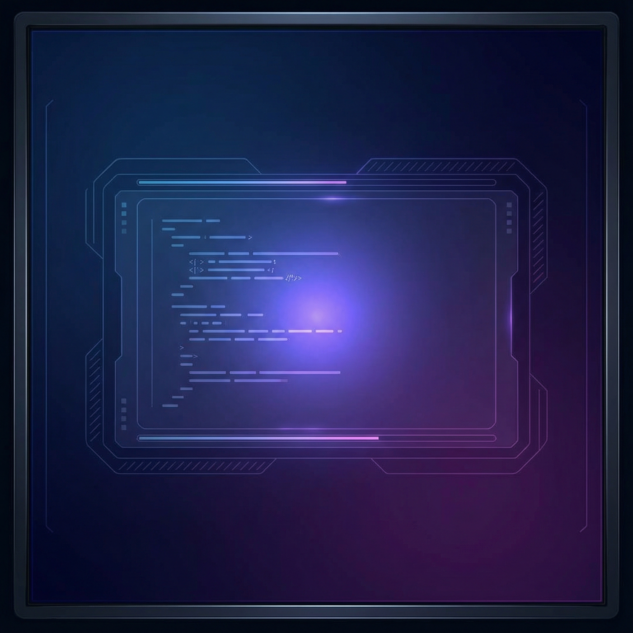 A sleek, modern user interface of an AI coding agent actively writing code. The screen displays lines of Python or JavaScript, with a minimalist design. The background is a gradient of blue and purple. The composition is a centered focus, full frame. No visible text, 1:1 aspect ratio.
