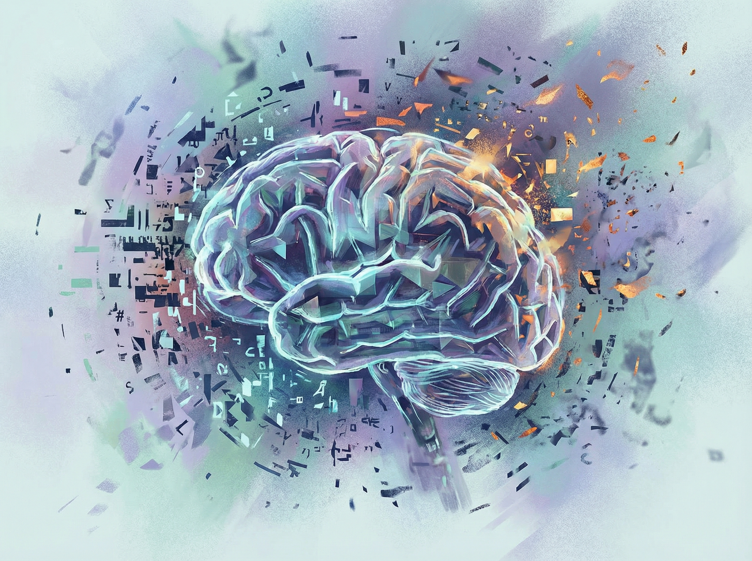 An abstract illustration representing the concept of context limits in AI language models. Fading memory or information overload is depicted with a brain-like structure surrounded by scattered data fragments. The color scheme is cool tones with some warmer accents. No visible text, 4:3 aspect ratio.