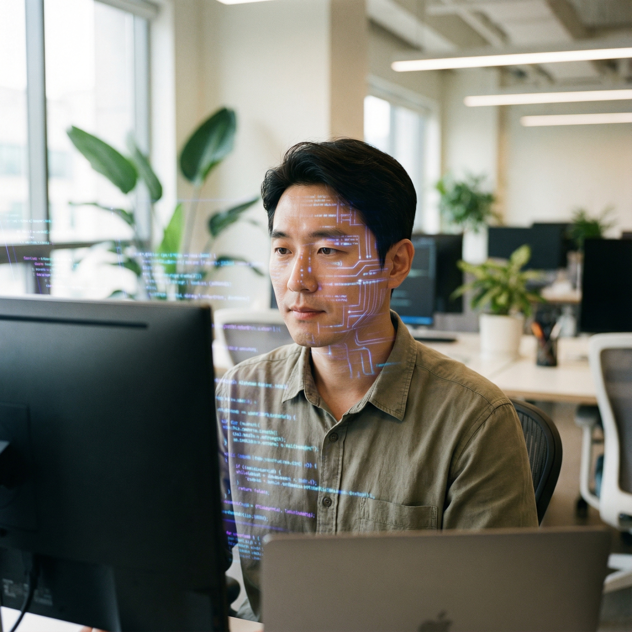 A focused shot of a human developer (Korean male) looking thoughtfully at a computer screen, with subtle glowing lines of code or AI interface elements superimposed. The developer is in a modern office setting. The lighting is balanced and bright. No visible text, 1:1 aspect ratio.