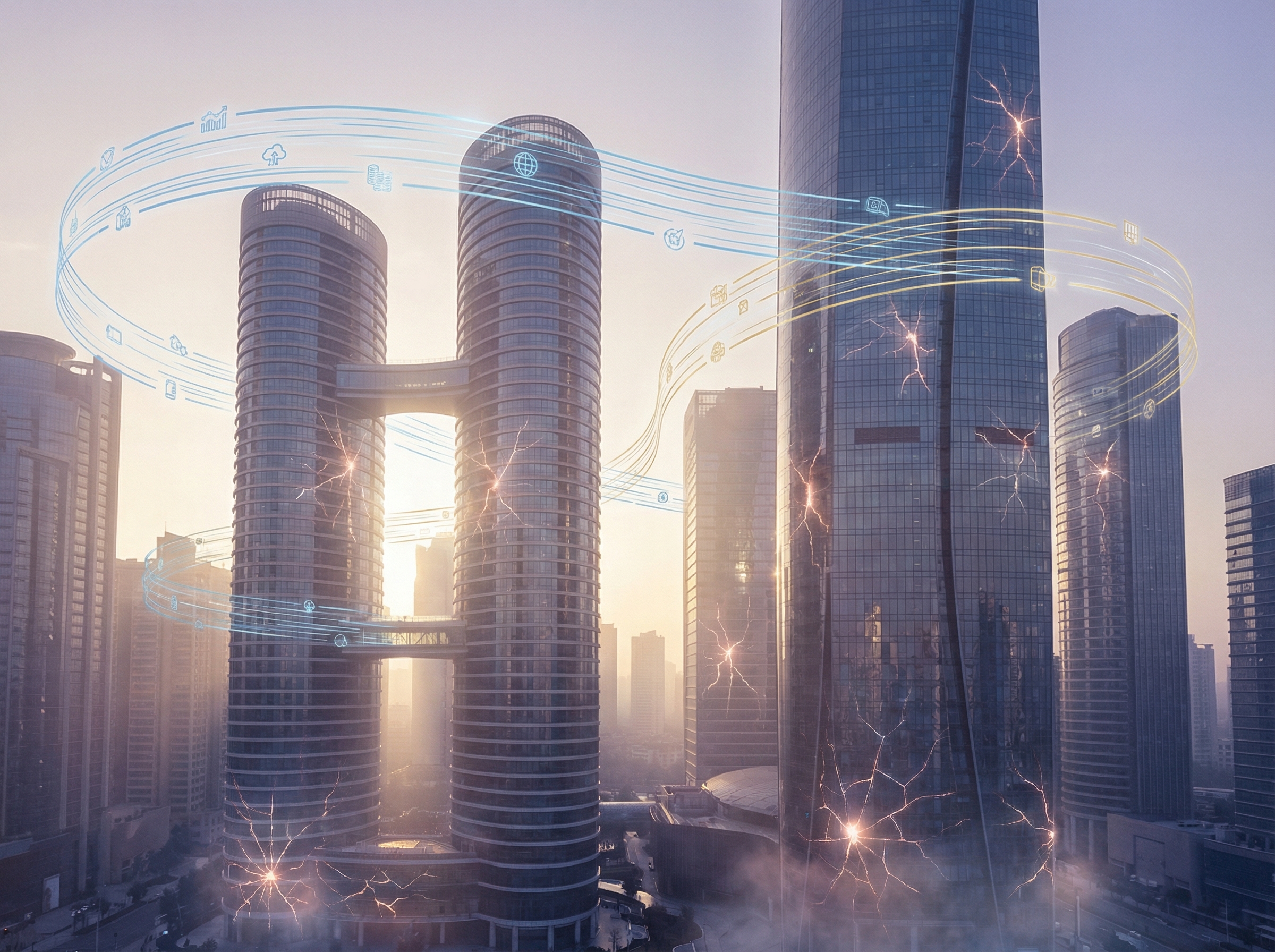 A futuristic city skyline with digital data streams flowing, but with subtle cracks in the facade, symbolizing underlying risks. Soft, optimistic lighting with a hint of uncertainty. Aspect ratio 4:3, no visible text, informational style, clean infographic.