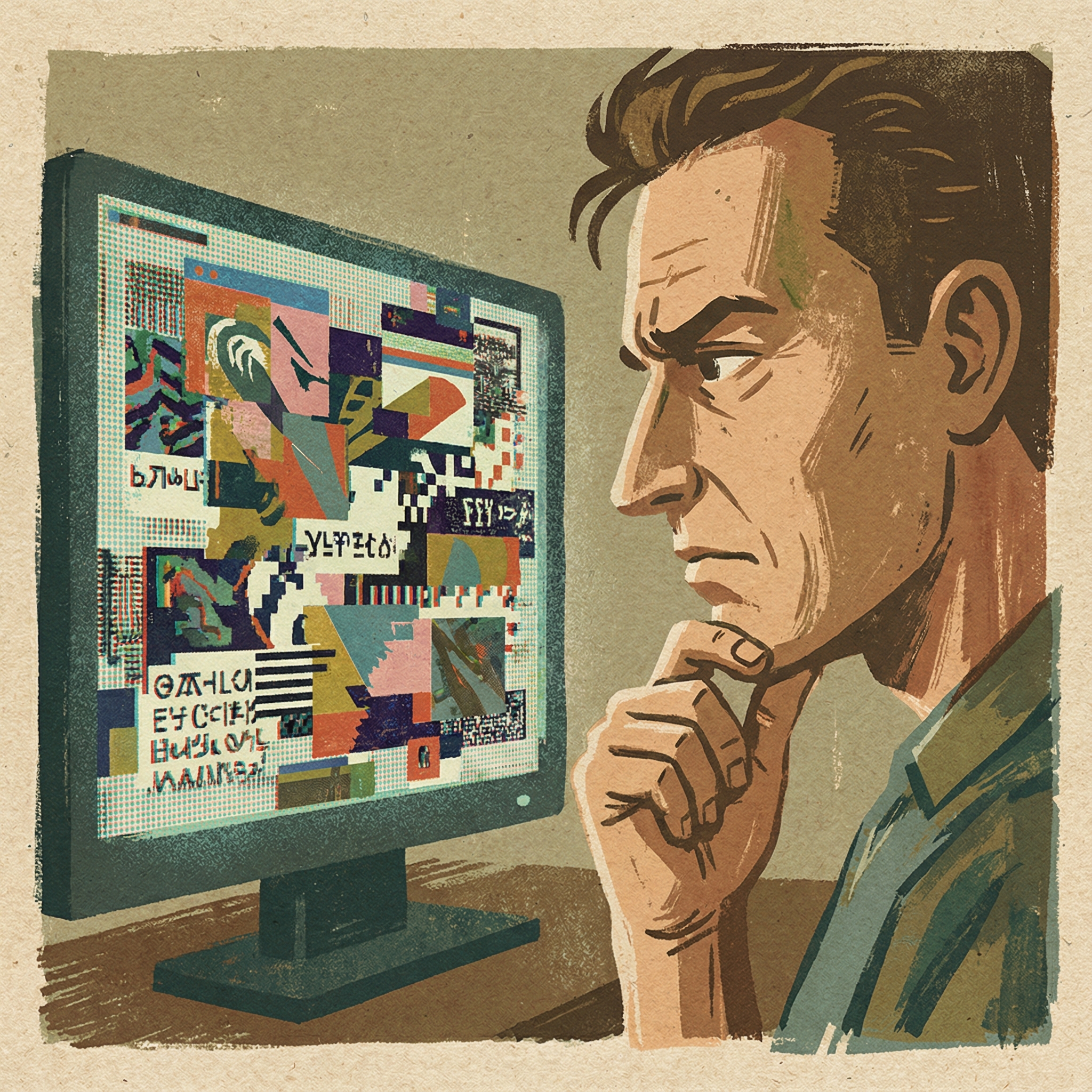 A person looking perplexed at a screen displaying garbled, nonsensical text and images, representing "slop" content and AI errors. Stylized illustration, textured background. Aspect ratio 1:1, no visible text.