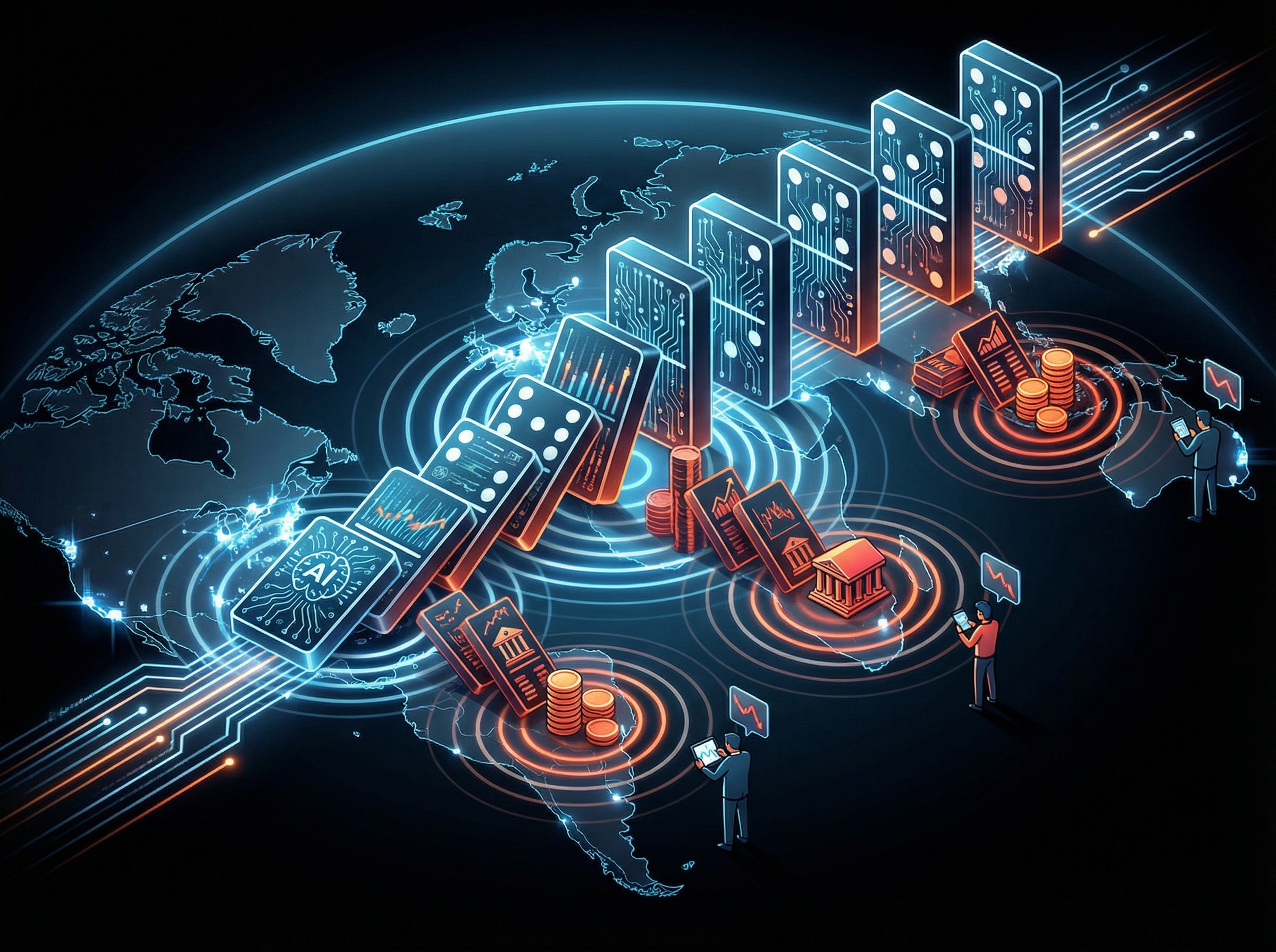 A visual metaphor of dominoes falling across a world map, representing the ripple effect of an AI market correction on global economies and retail investors. Clean infographic, high contrast. Aspect ratio 4:3, no visible text.