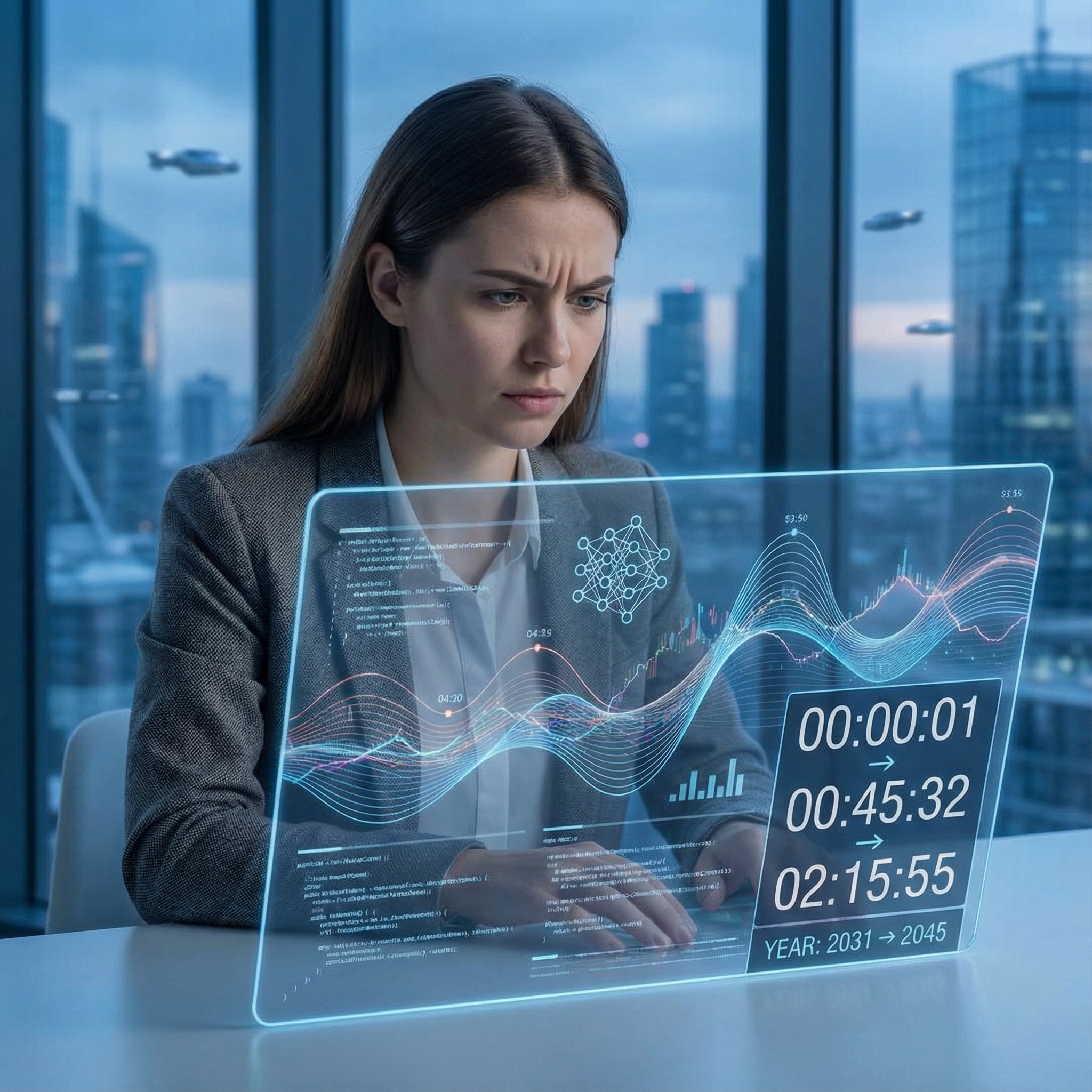 A worried young professional woman looking at a rapidly developing AI interface on a screen, with a digital clock showing fast-forwarded time. The background is a futuristic city. Informational style, clean infographic, modern layout, high contrast. Aspect ratio 1:1, no visible text.